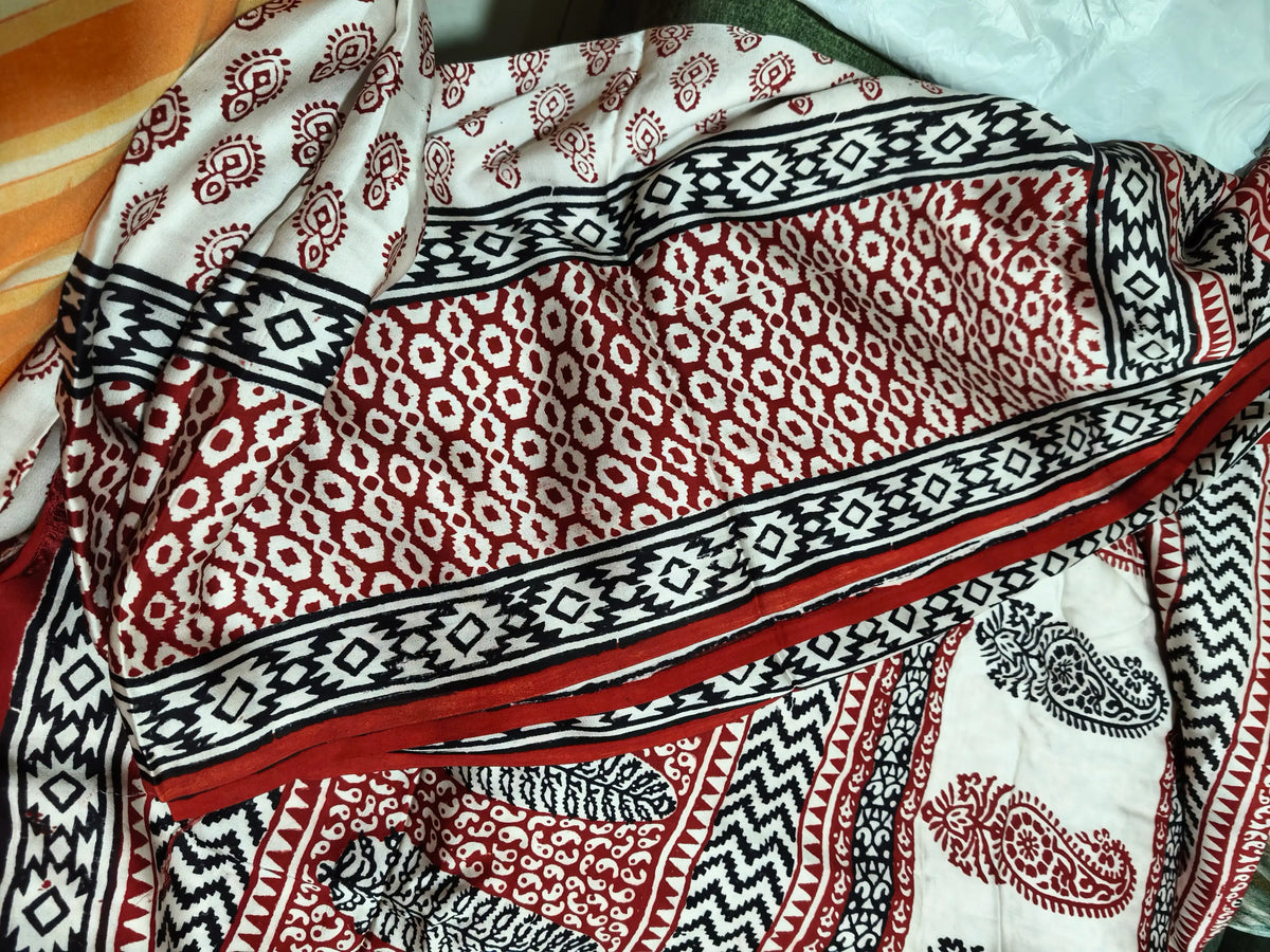 Raagrekha – Hand Block Printed Modal Silk Saree -Geometric Border