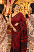 Maroon Hand Block Printed Modal Silk Saree