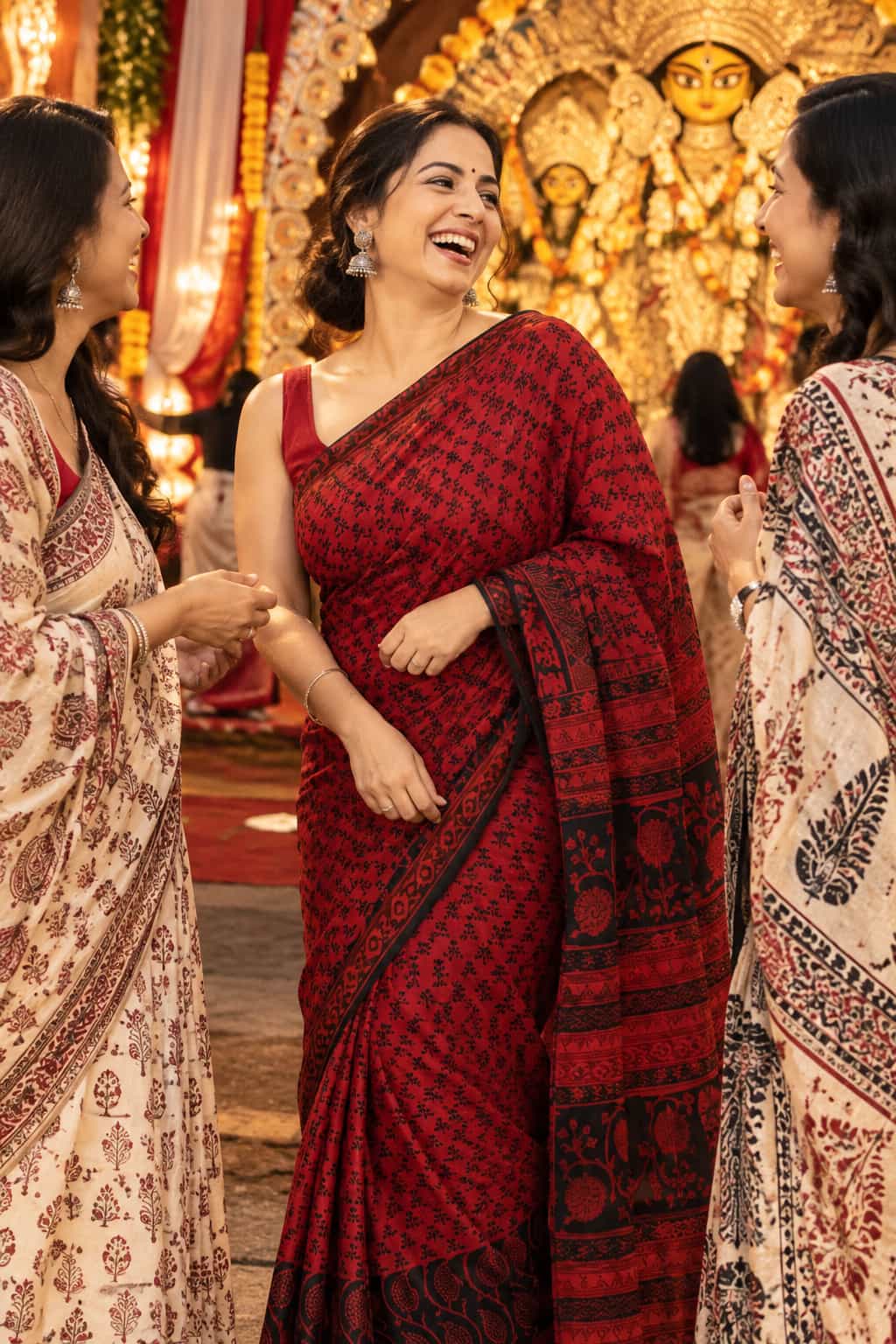 Maroon Hand Block Printed Modal Silk Saree