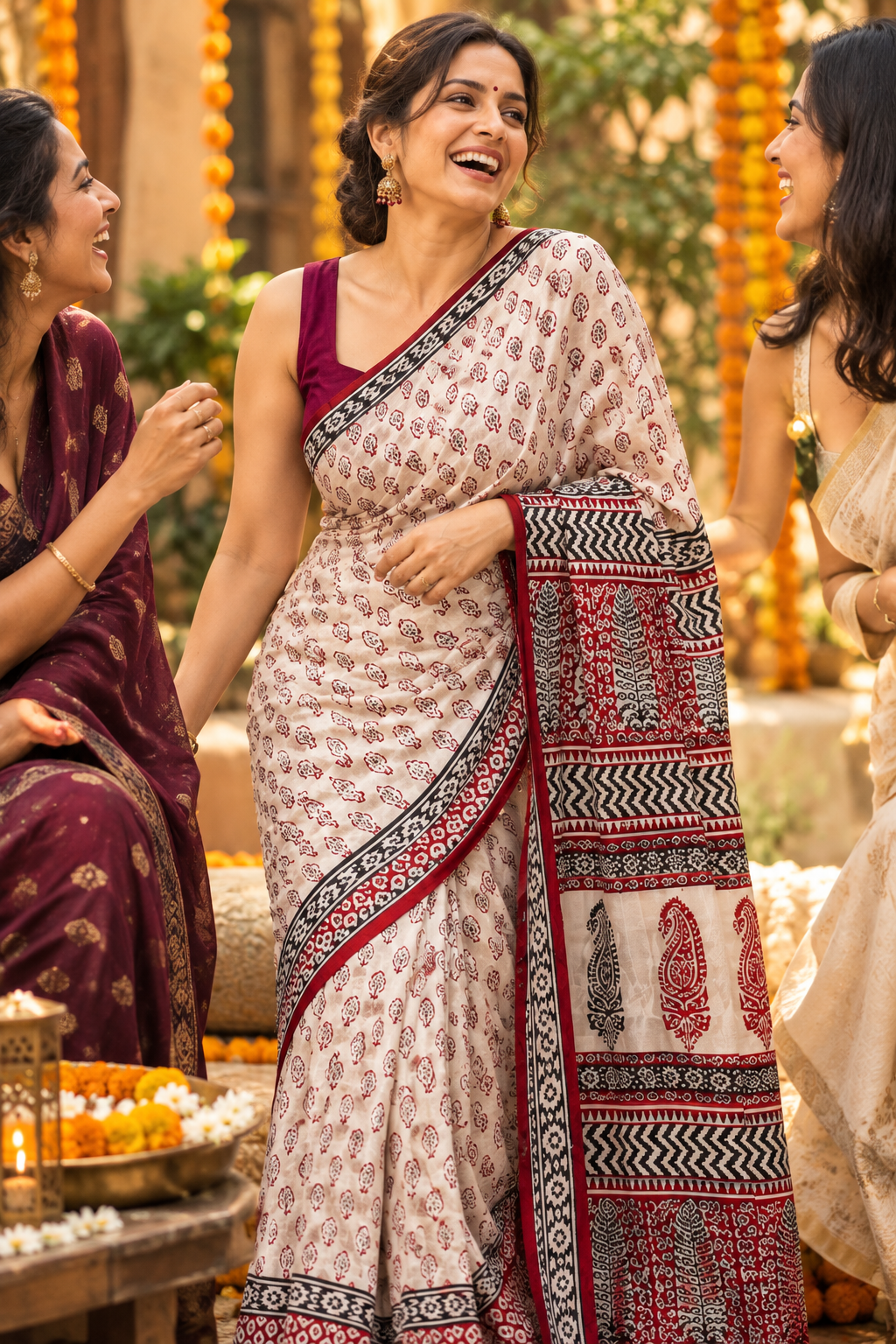 Raagrekha – Hand Block Printed Modal Silk Saree -Geometric Border