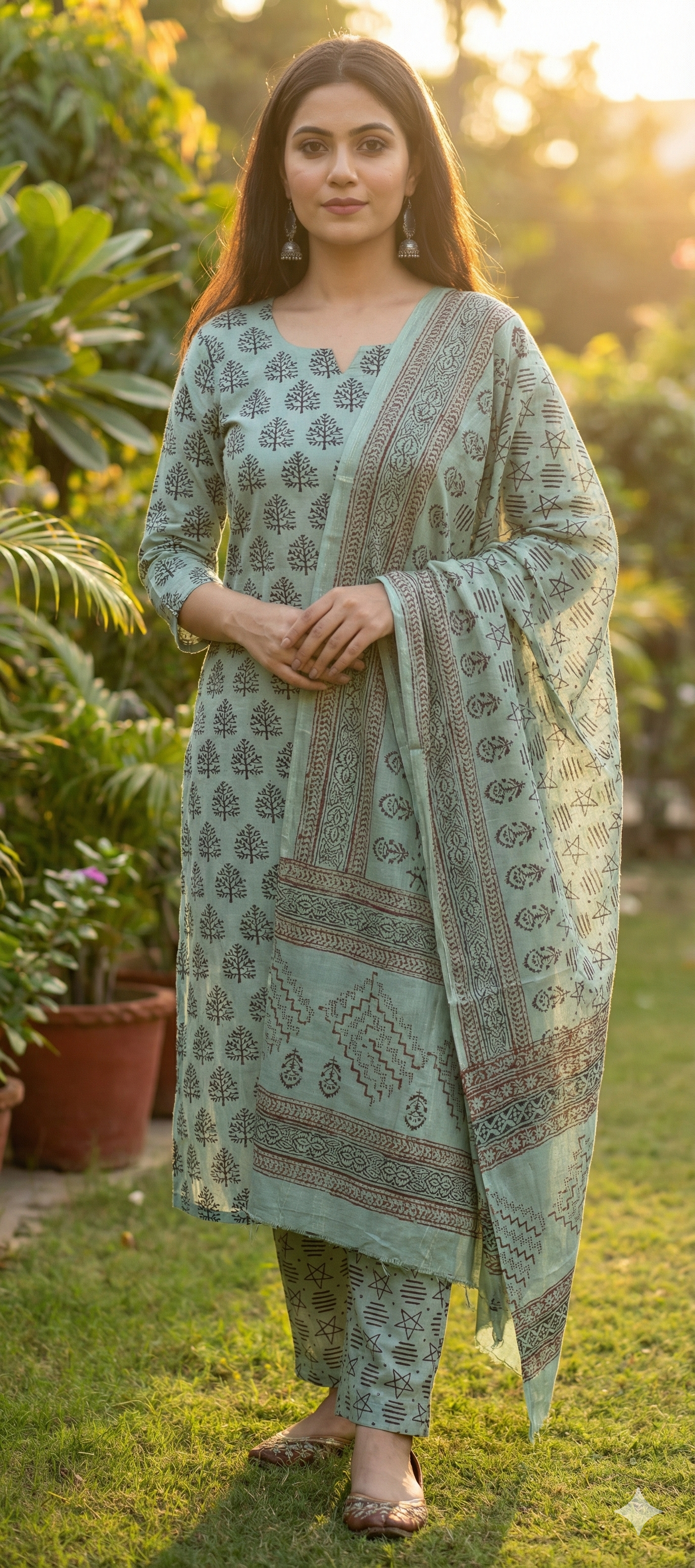 Authentic Dhar Bagh black block print on fine sage green muslin unstitched suit with a coordinating chiffon dupatta.