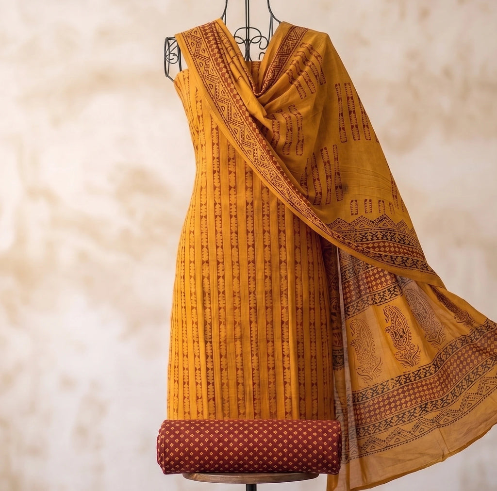 Handmade Bagh Block Print Pure Cotton Unstitched Salwar Suit(Yellow3)