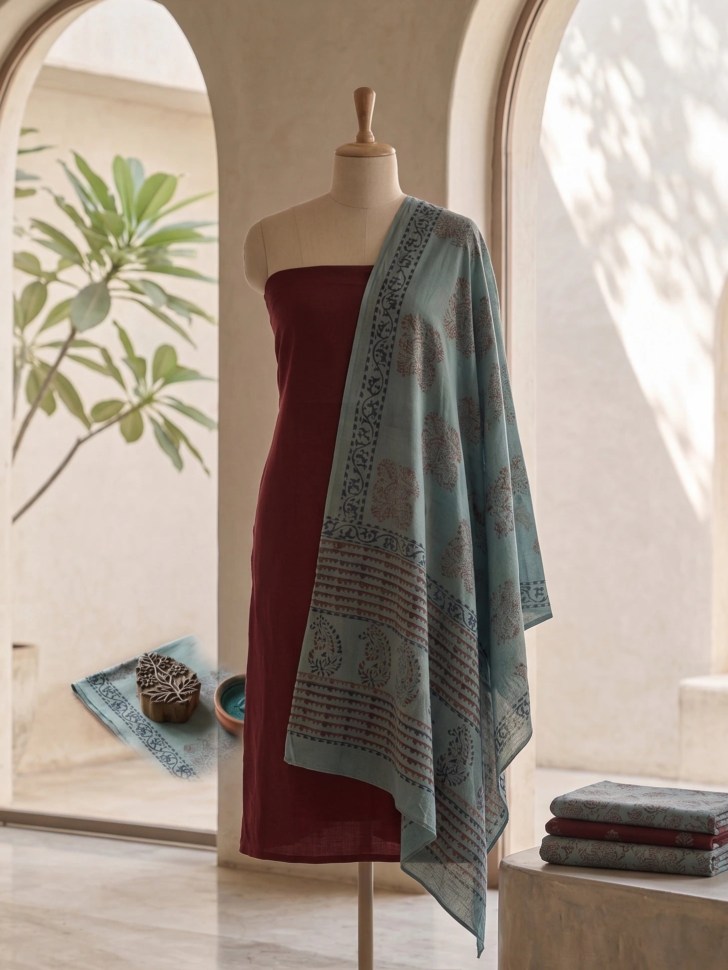 Handmade Bagh Block Print Pure Cotton Unstitched Salwar Suit(Teal)