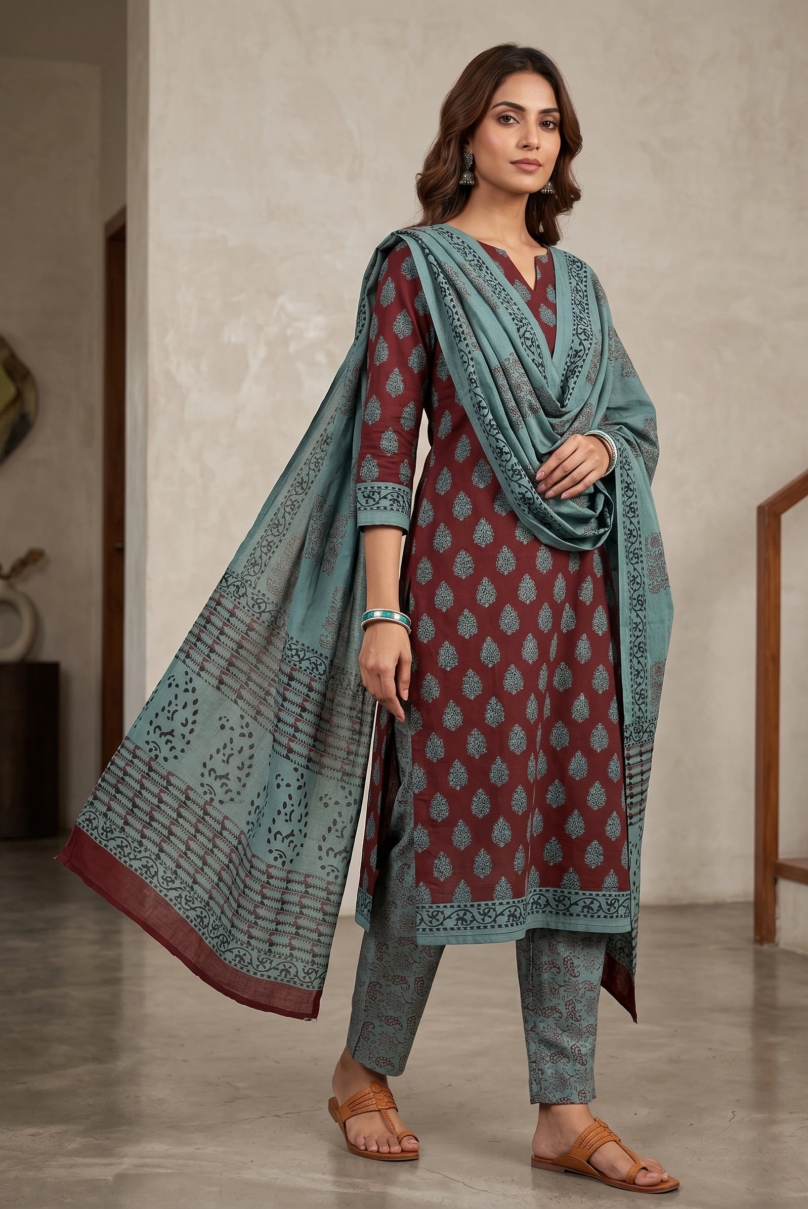 Handmade Bagh Block Print Pure Cotton Unstitched Salwar Suit(Teal)