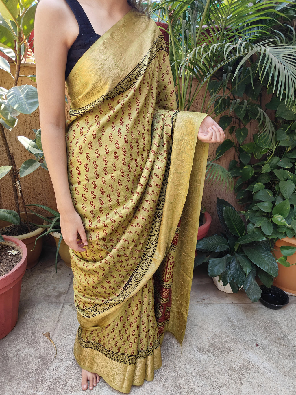 Bagh Print Dola Silk Saree (Mehndi Green)
