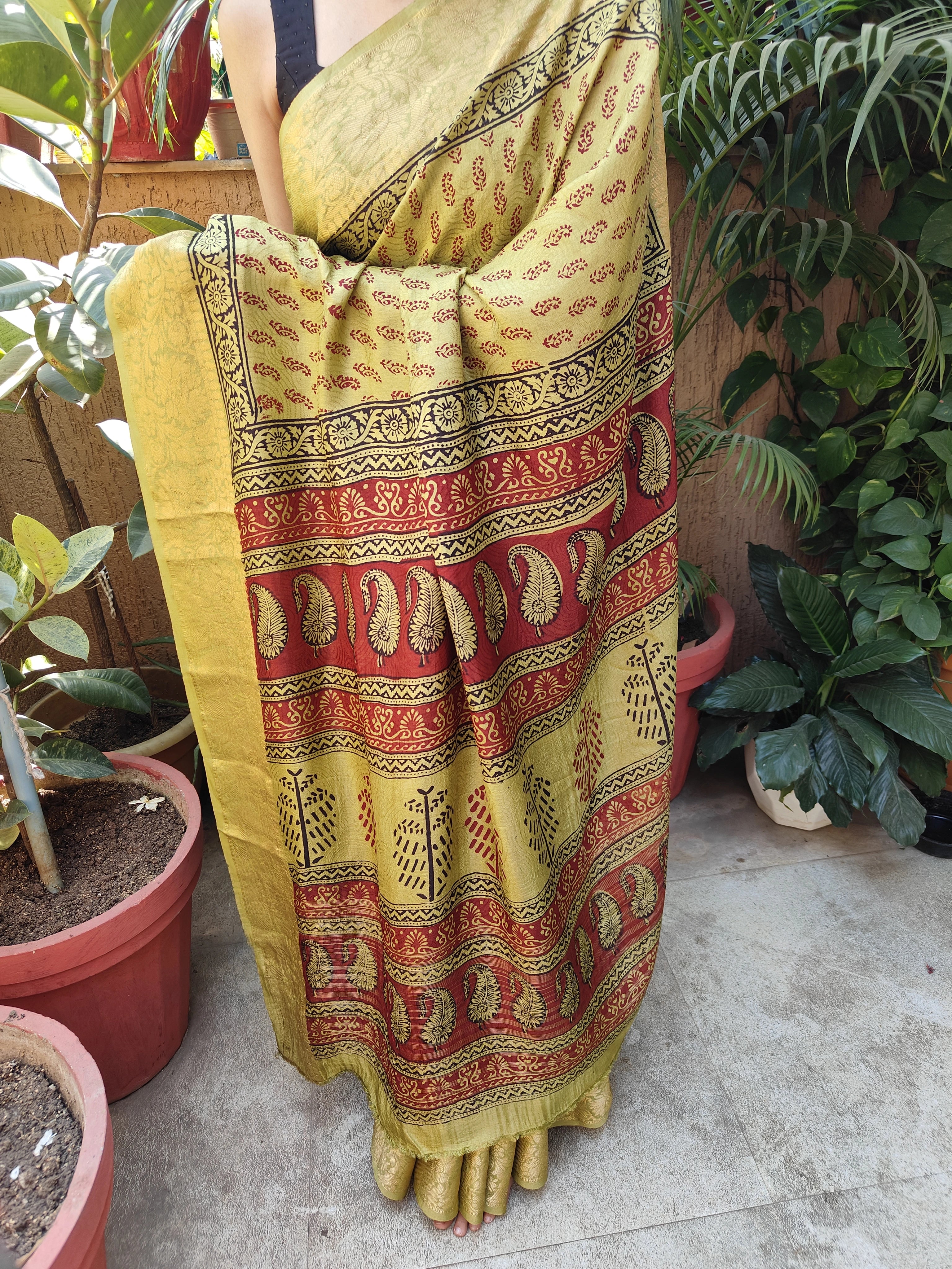 Bagh Print Dola Silk Saree (Mehndi Green)