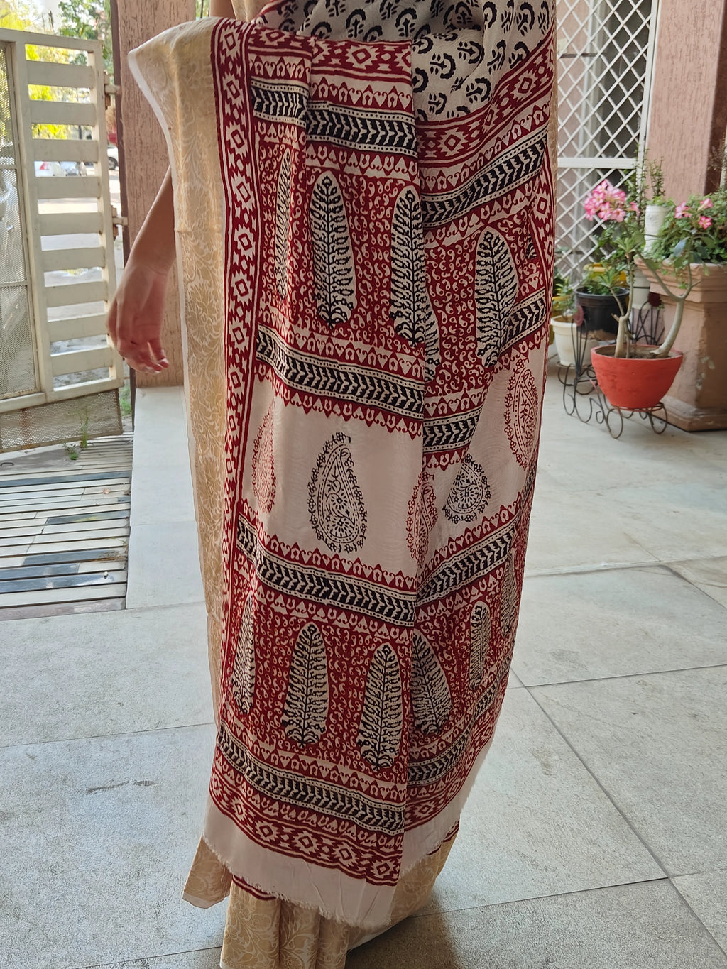 Bagh Print Dola Silk Saree (White)