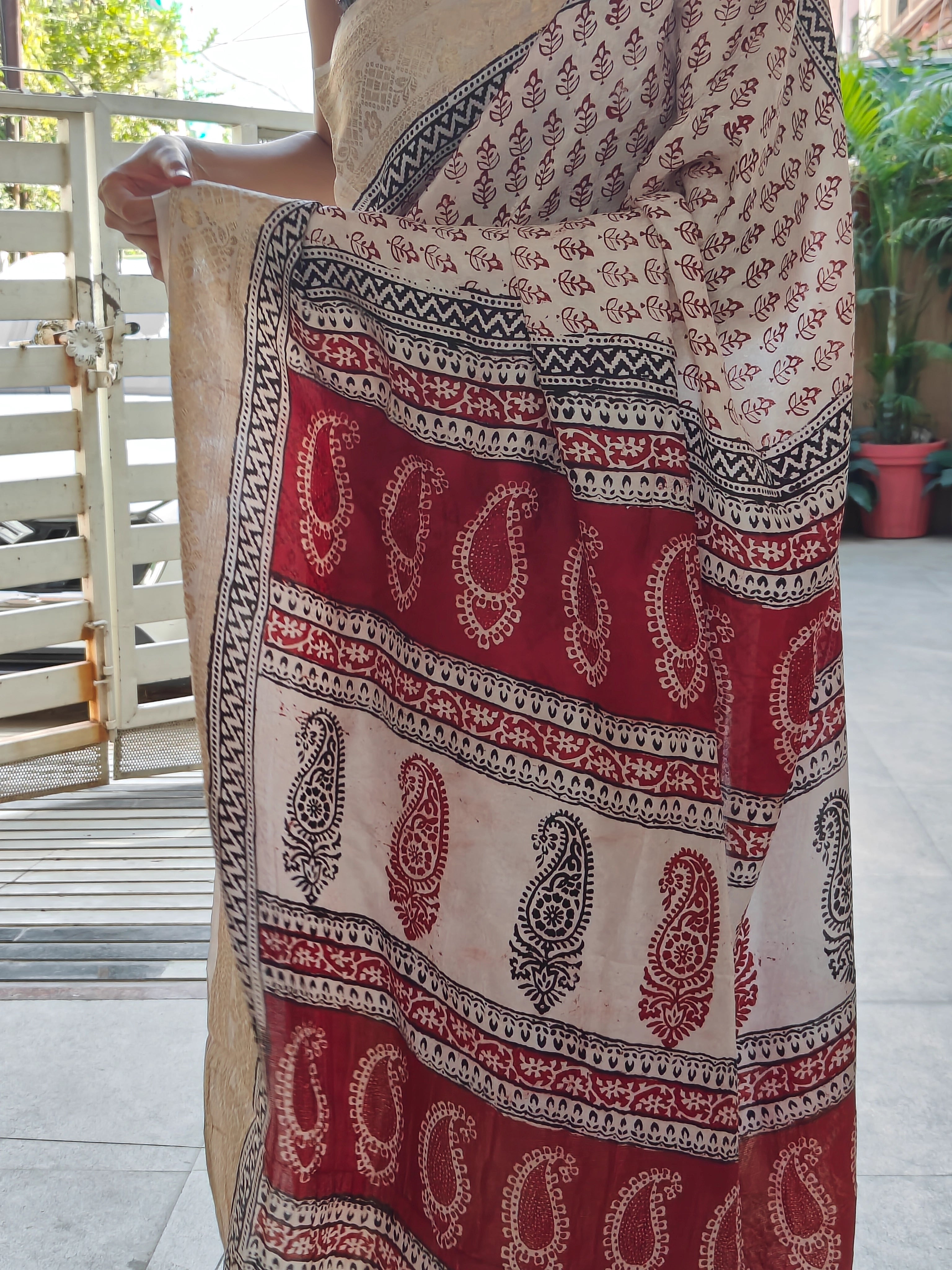 Bagh Print Dola Silk Saree (Off White)