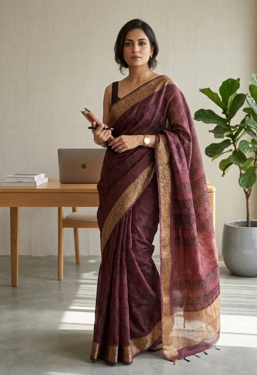 Bagh Print Dola Silk Saree (Mahogany)