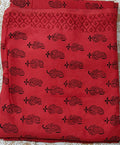 Traditional Dhar Bagh hand block print unstitched suit set in pure cotton, featuring intricate red and black handmade motifs with a matching dupatta