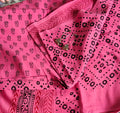 Traditional Dhar Bagh hand block print unstitched suit set in pure cotton featuring pink handmade motifs and a matching dupatta.