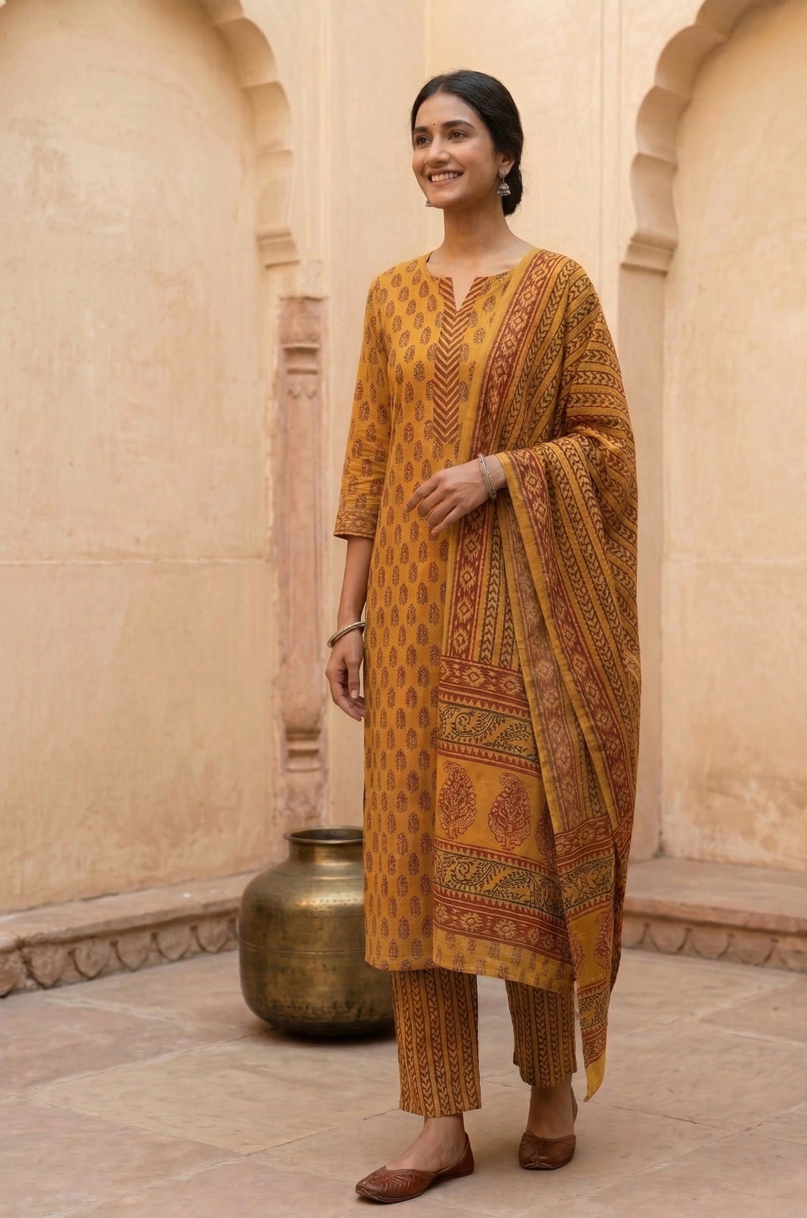 Handmade Bagh Block Print Pure Cotton Unstitched Salwar Suit(Yellow1)