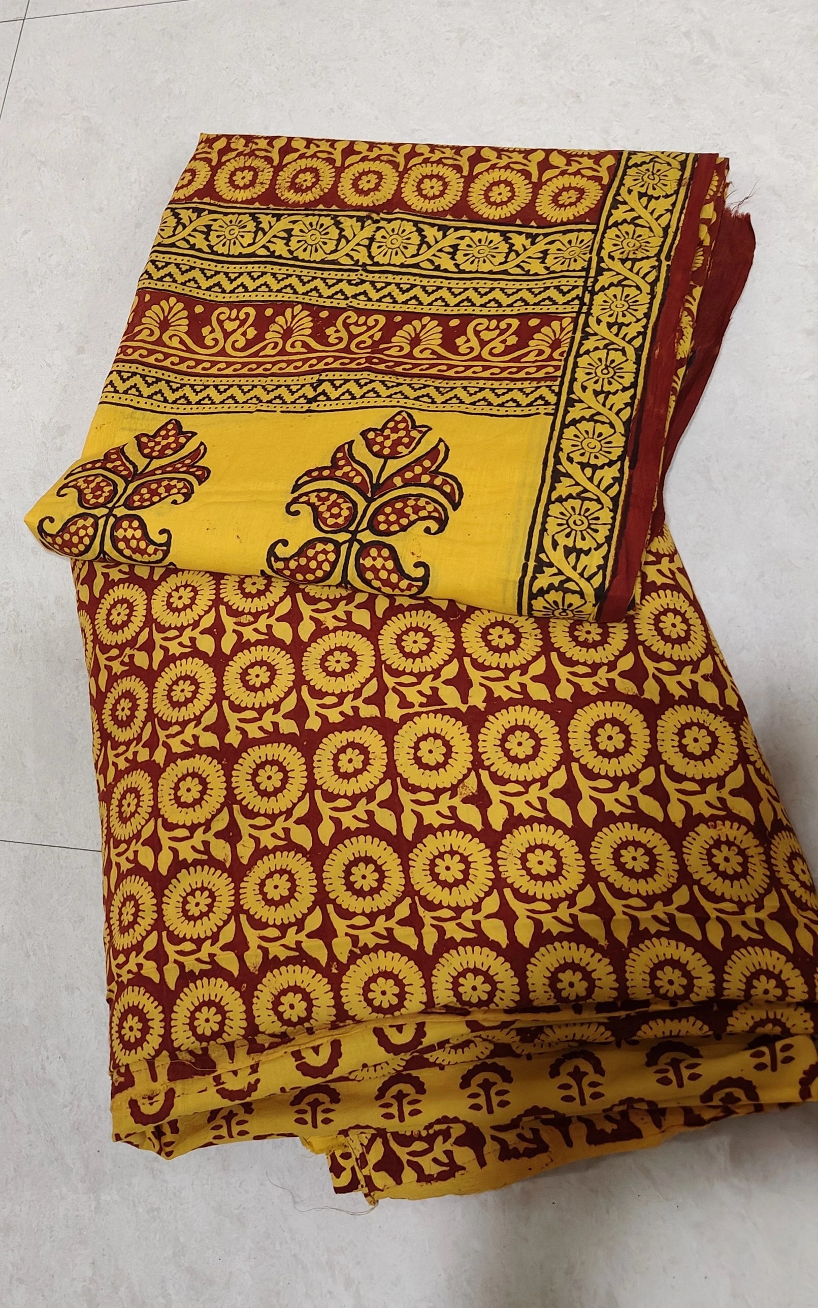 Handmade Bagh Block Print Pure Cotton Unstitched Salwar Suit(Yellow-Circle)