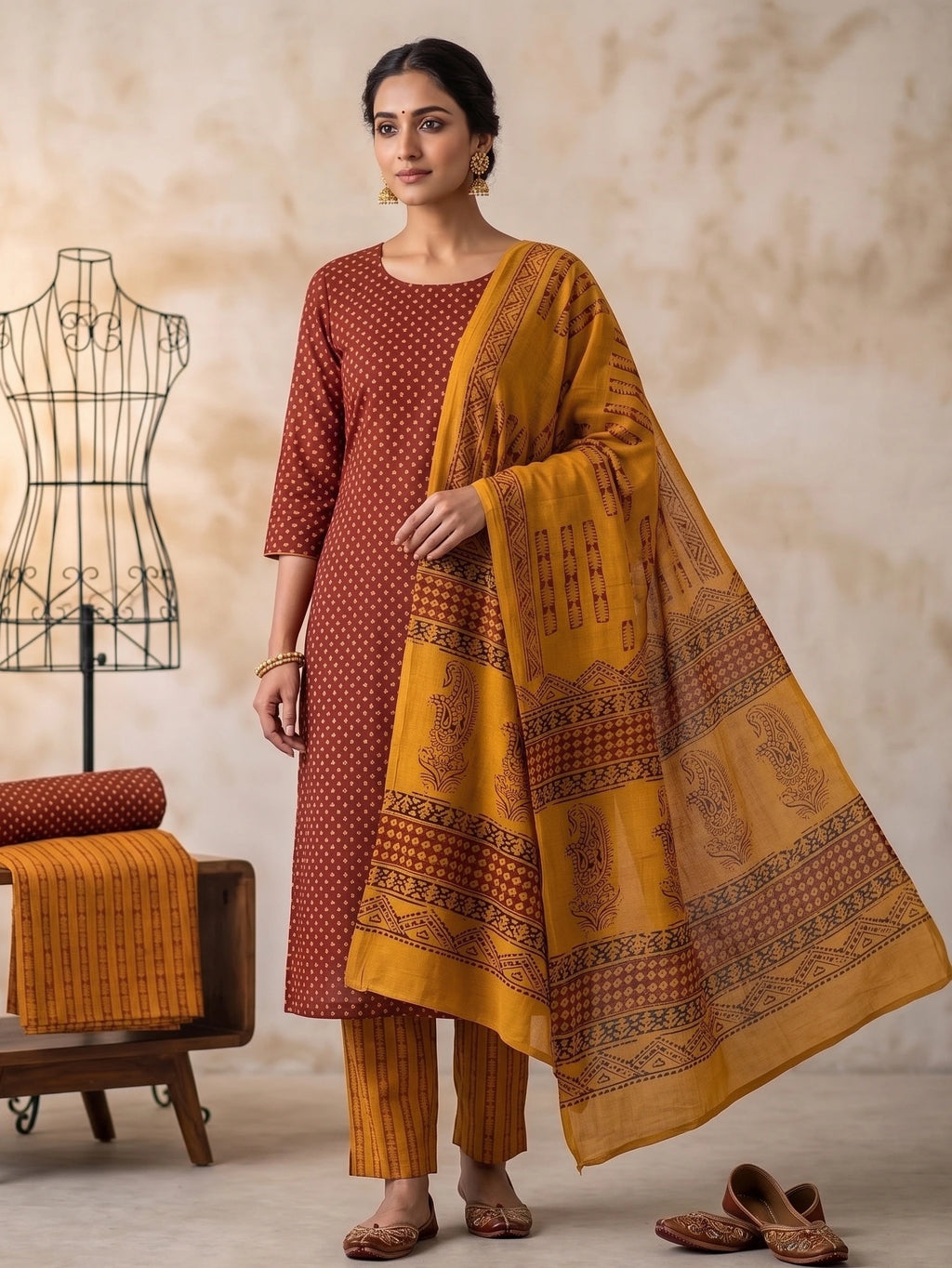Handmade Bagh Block Print Pure Cotton Unstitched Salwar Suit(Yellow3)