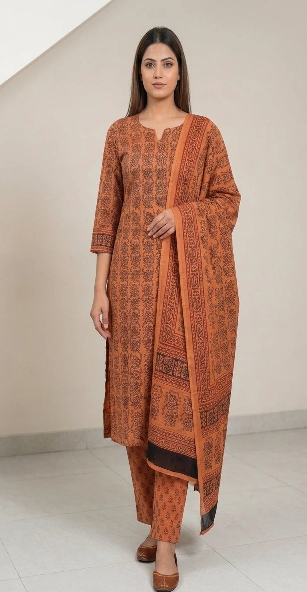 Handmade Bagh Block Print Pure Cotton Unstitched Salwar Suit(Kesariya)