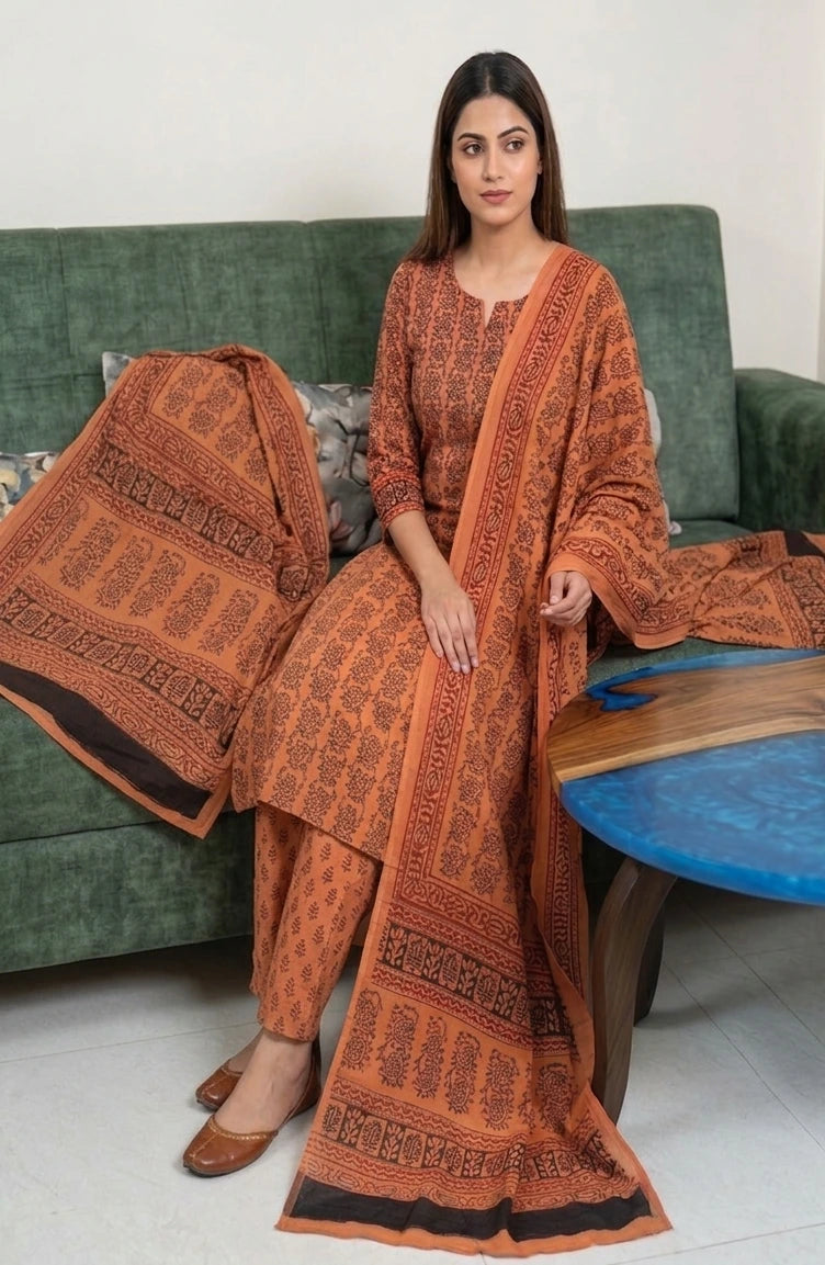 Handmade Bagh Block Print Pure Cotton Unstitched Salwar Suit(Kesariya)