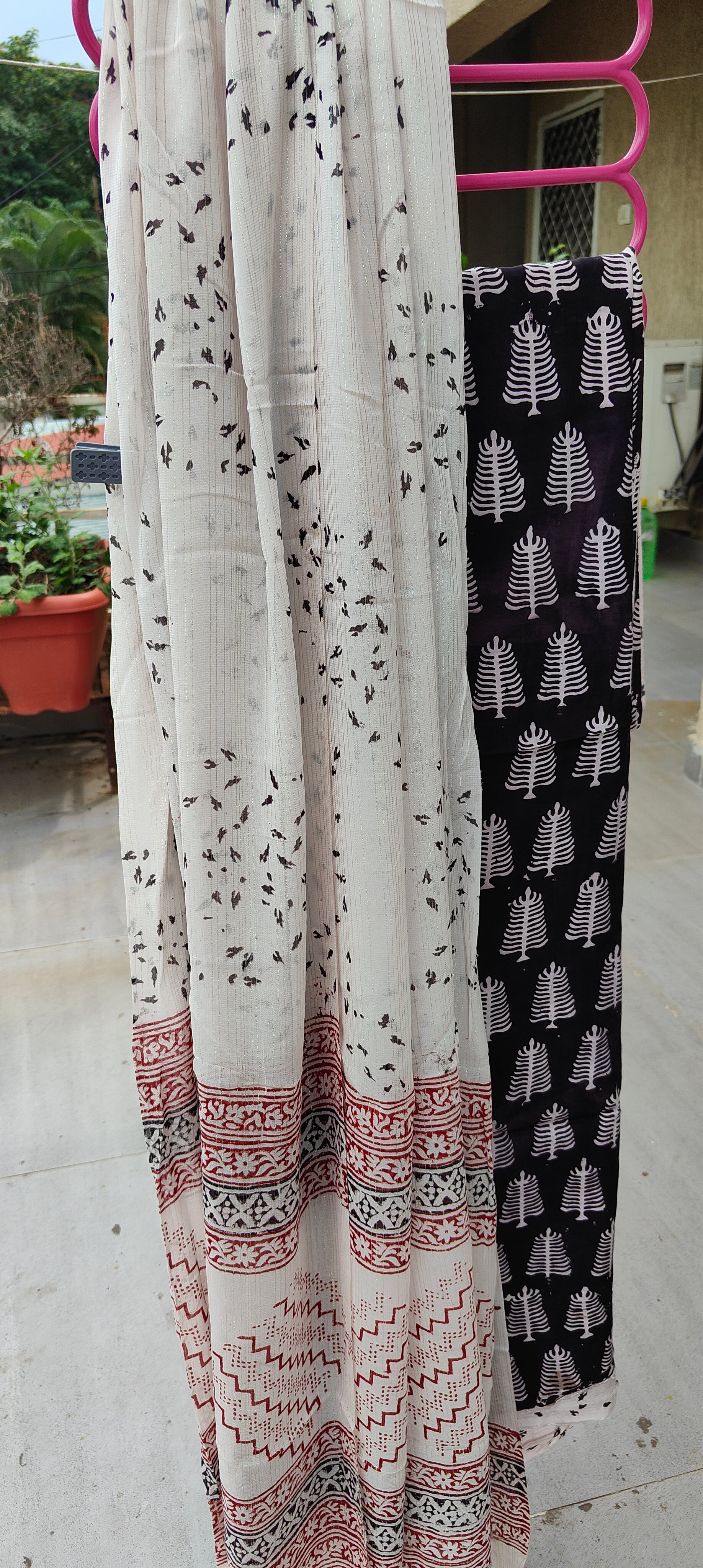 Artisan Made Dhar  White Bagh block print on black fine muslin unstitched suit with  contrast chiffon dupatta.