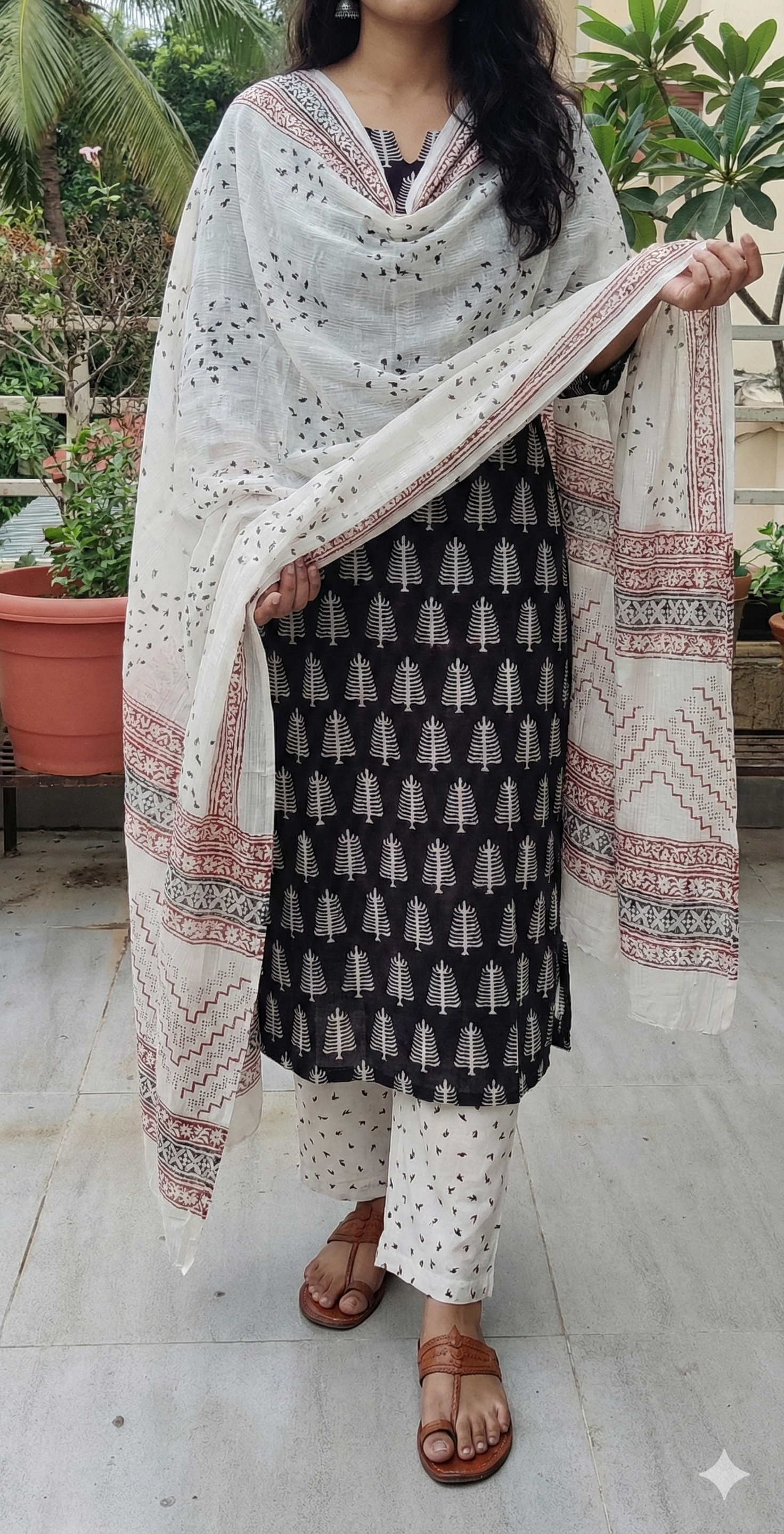 Artisan Made Dhar  White Bagh block print on black fine muslin unstitched suit with contrast chiffon dupatta.
