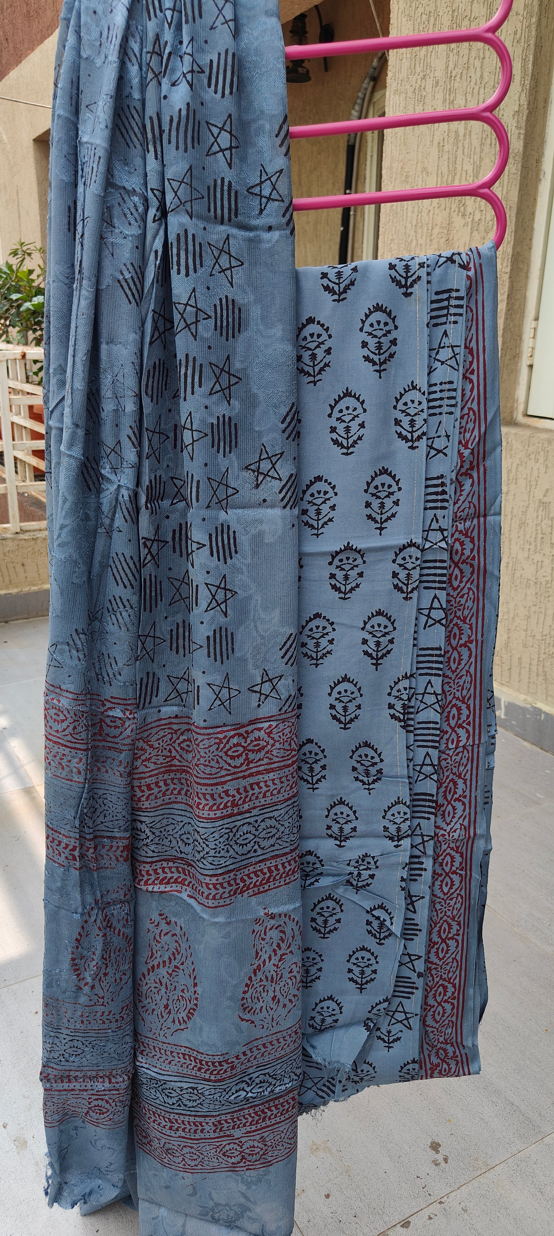 Authentic Dhar Bagh block print on fine muslin unstitched blue suit with a coordinating chiffon dupatta