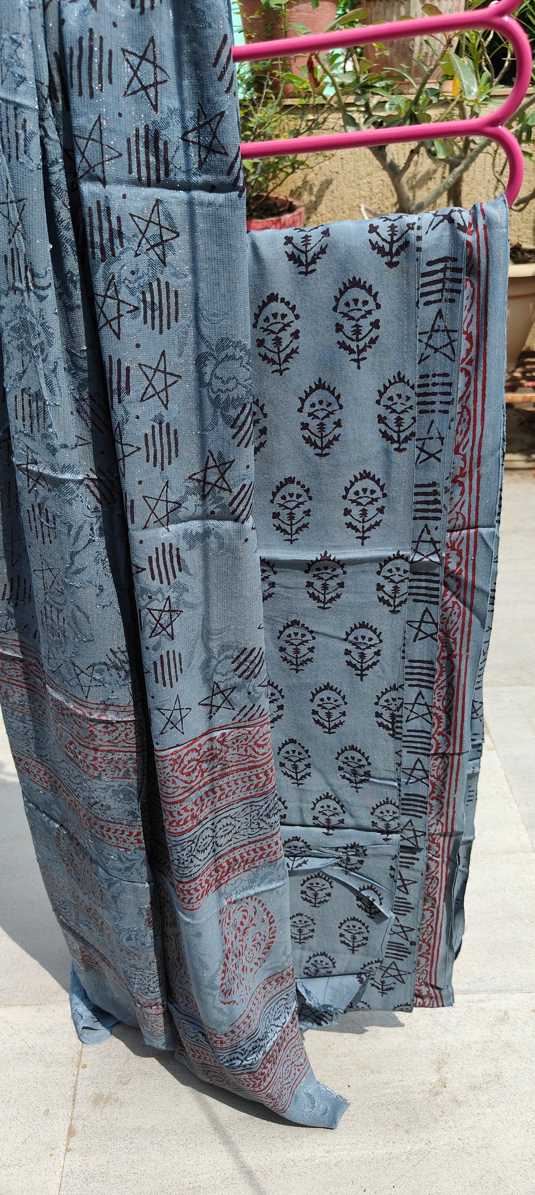 Authentic Dhar Bagh block print on fine muslin unstitched suit with a coordinating chiffon dupatta