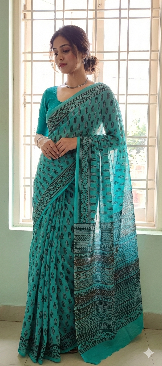 Woman wearing a teal saree with a bagh block in front of a window.