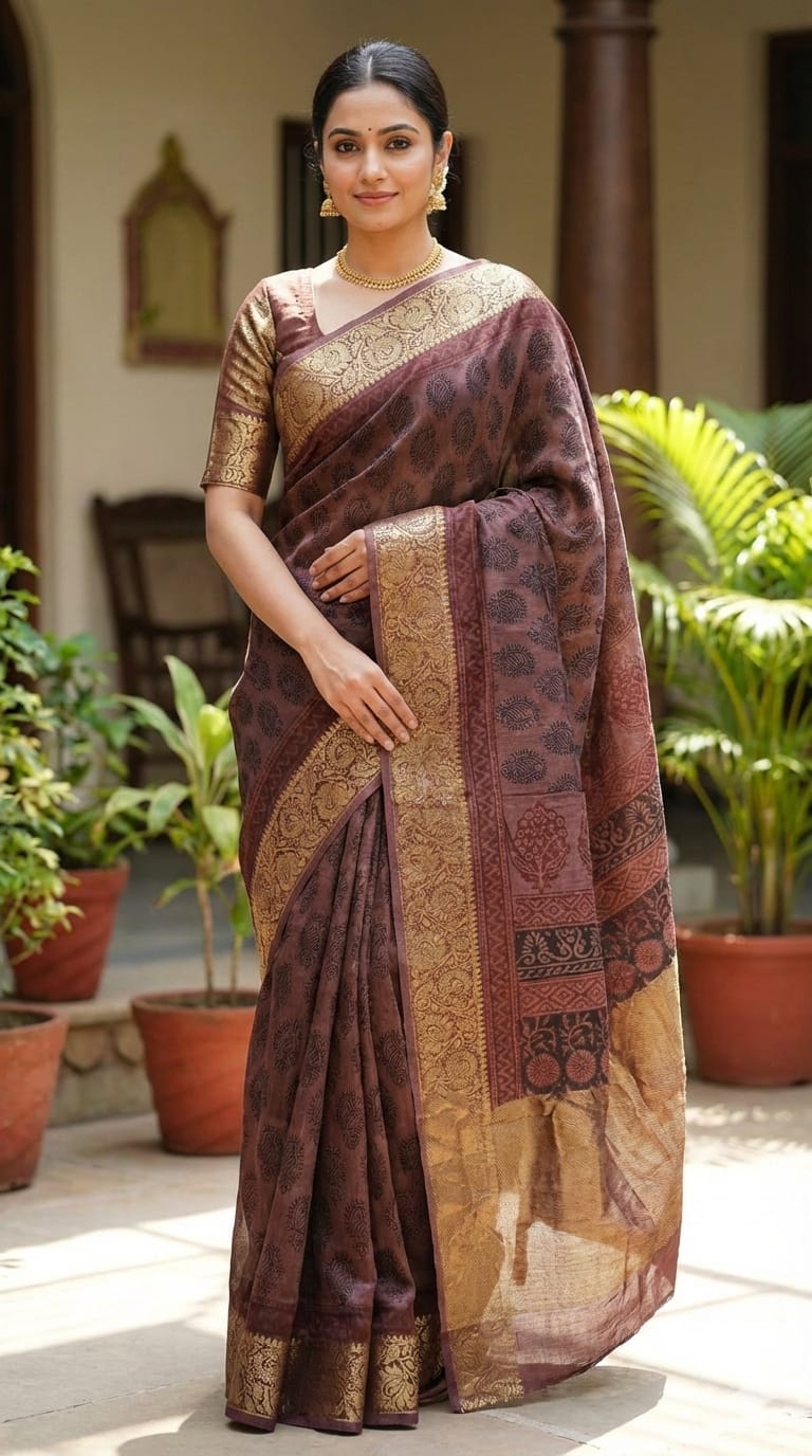 wooden block prints on a dola silk fabric, showcasing traditional Bagh floral motifs in Back and mahogany with red ascent