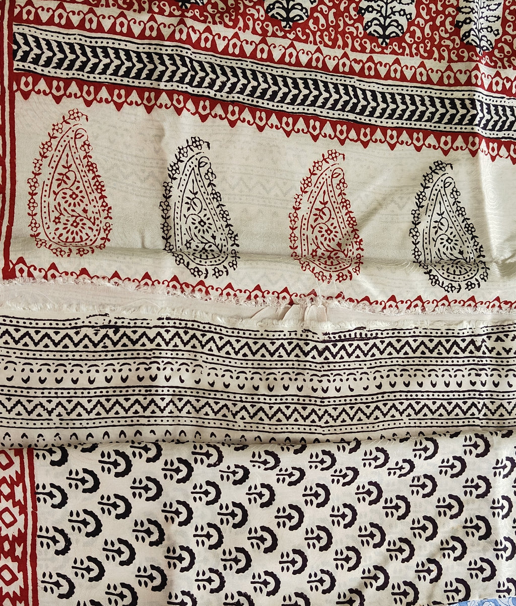 Artisan made wooden block prints on a Dola silk Saree, showcasing traditional Bagh floral motifs in black and White with red ascent