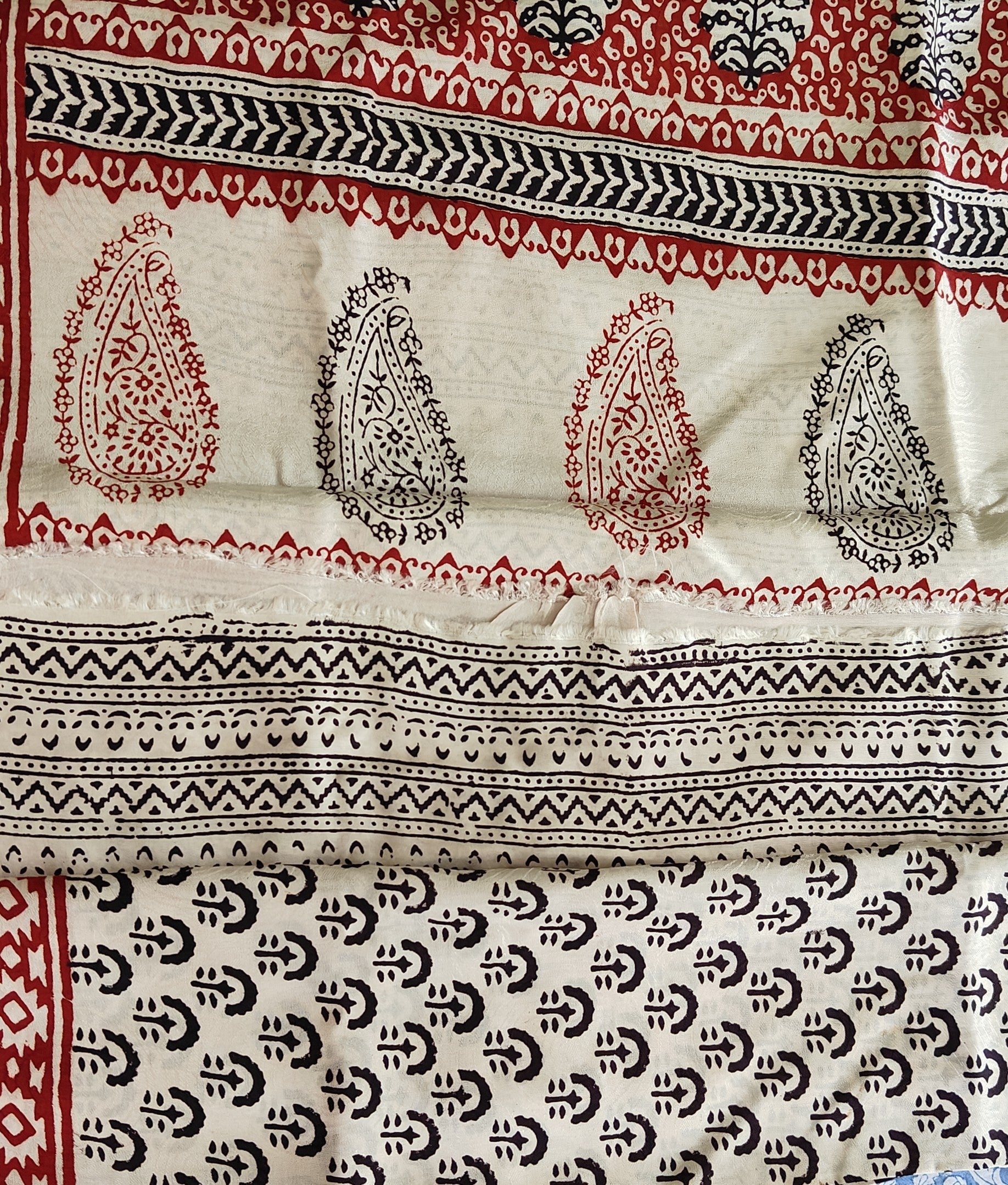 Artisan made wooden block prints on a Dola silk Saree, showcasing traditional Bagh floral motifs in black and White with red ascent