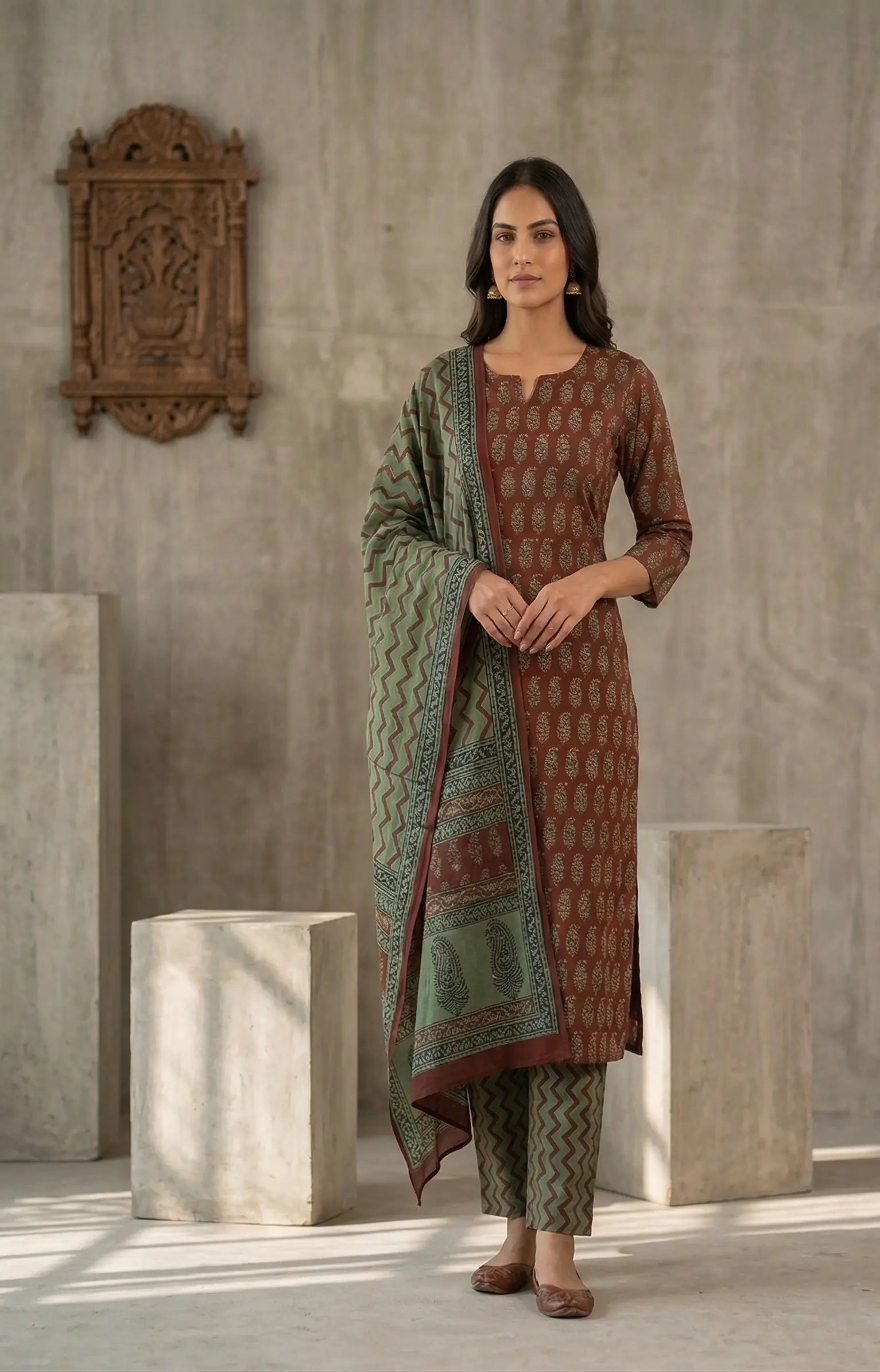 Handmade Bagh Block Print Pure Cotton Unstitched Salwar Suit (Maroon)