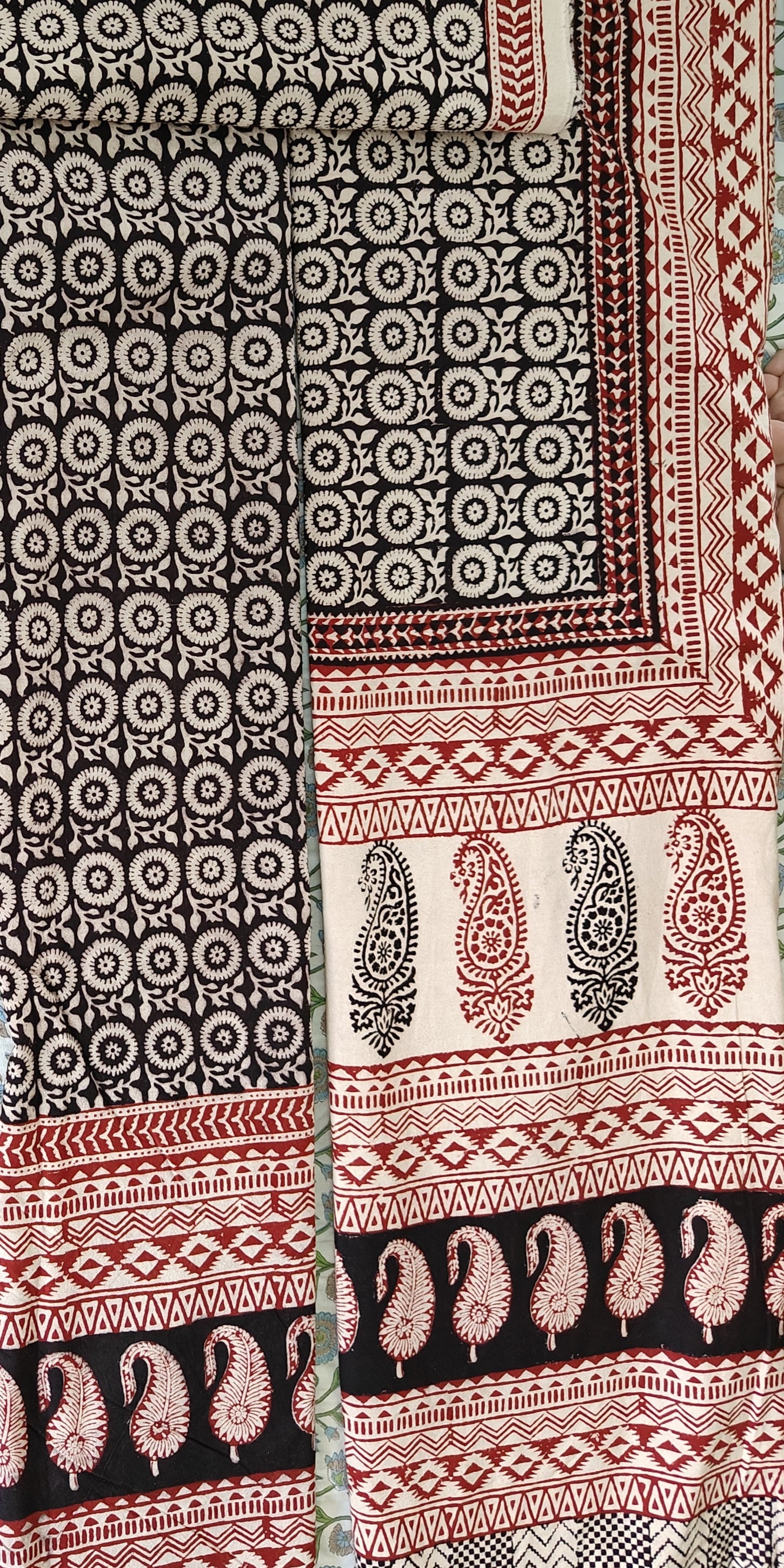 Handmade Bagh block print in traditional offwhite with circular geometric block black pattern double bedsheet ,pillow cover , curtain combo