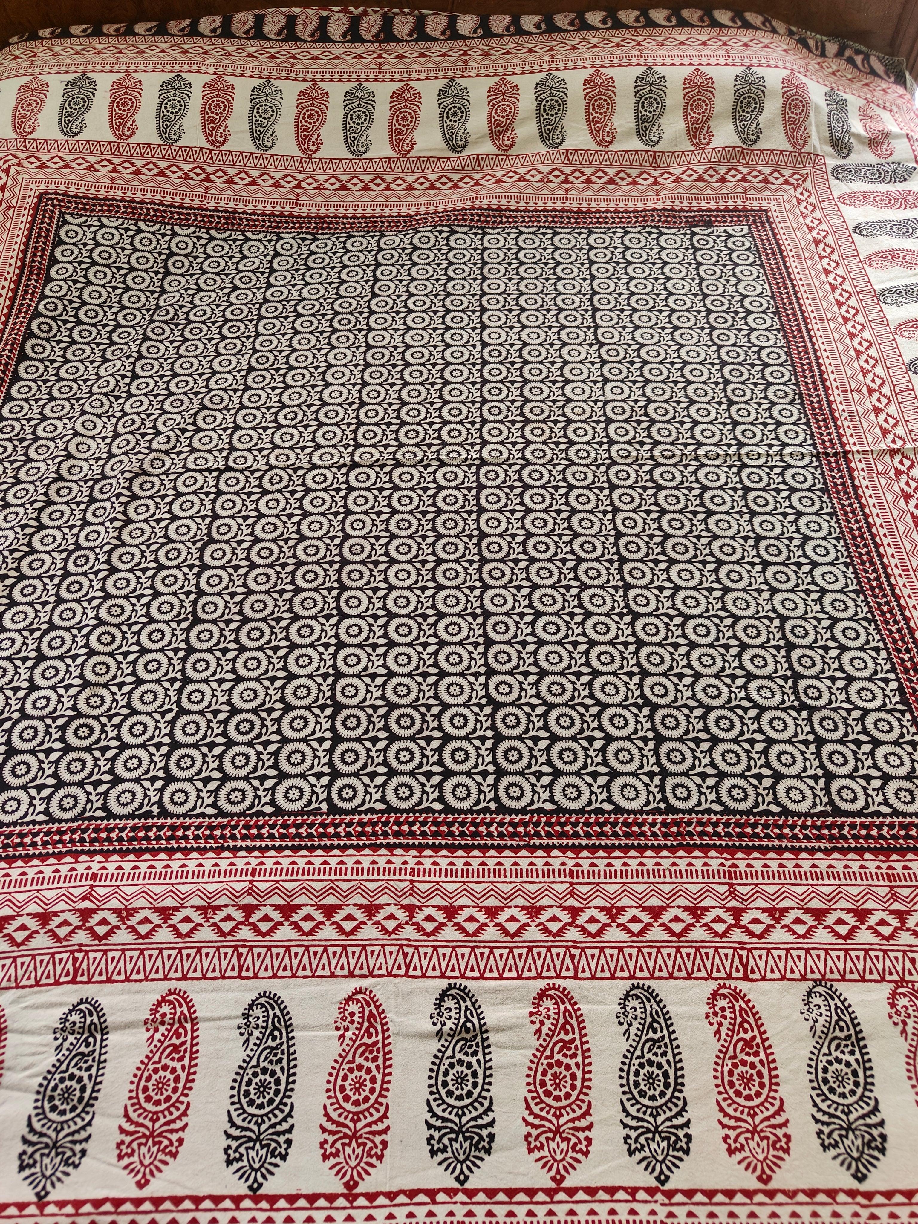 Handmade Bagh block print in traditional offwhite with circular geometric block black pattern double bedsheet ,pillow cover 