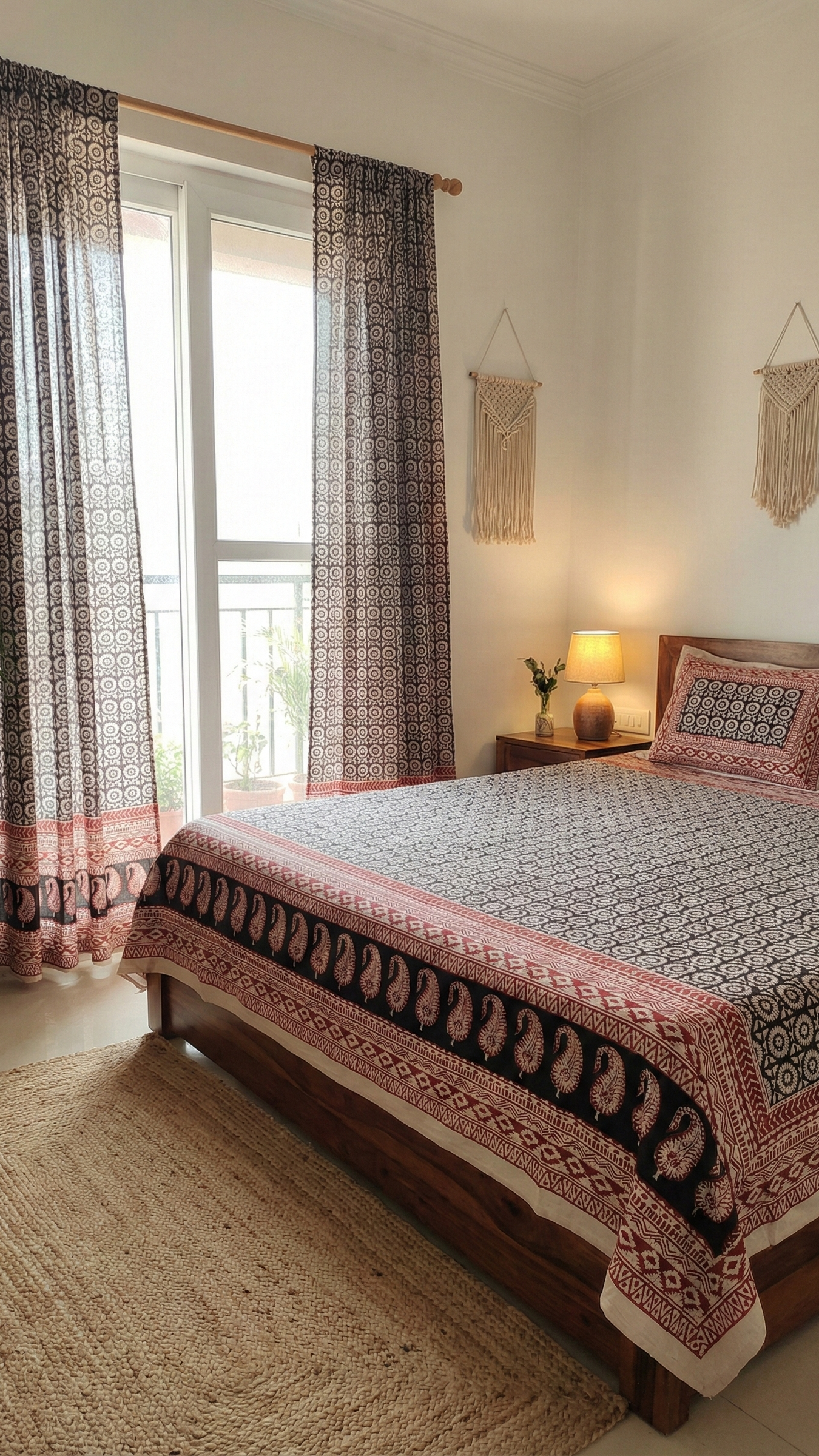Handmade Bagh block print in traditional offwhite with circular geometric block black pattern double bedsheet ,pillow cover , curtain combo