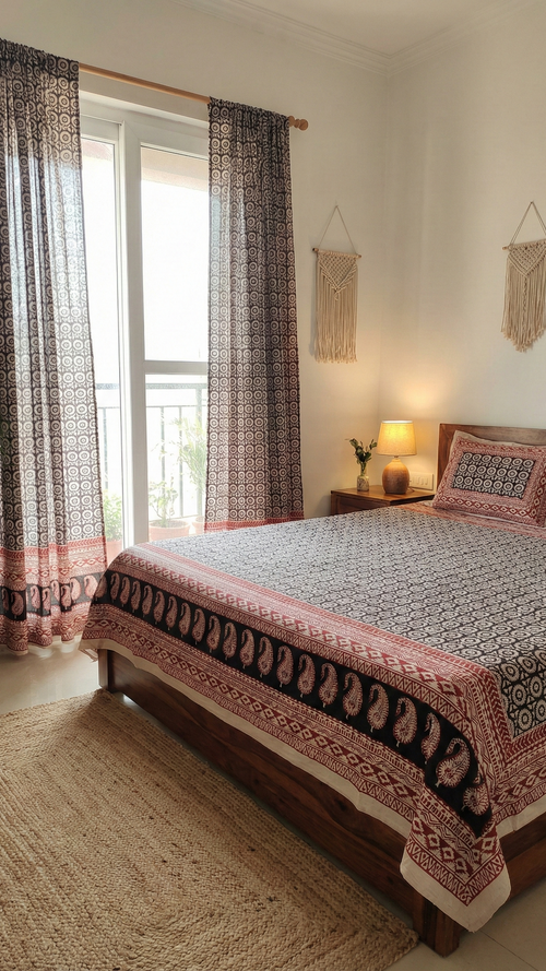 Handmade Bagh block print in traditional offwhite with circular geometric block black pattern double bedsheet ,pillow cover , curtain combo