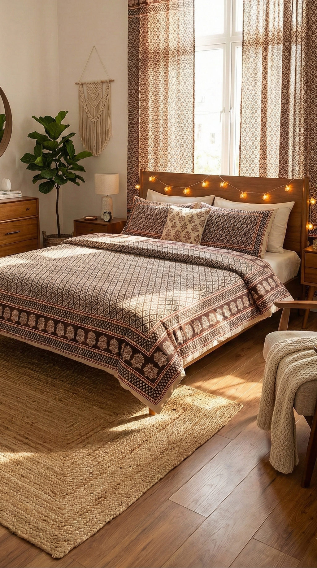 Handmade Bagh block print in traditional offwhite with geometric block madder black pattern double bedsheet with pillow cover  with matching curtains.
