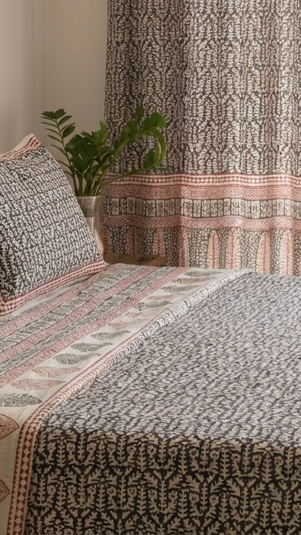 Handmade Bagh block print in traditional offwhite with small leaf  block black pattern double bedsheet ,pillow cover , curtain combo