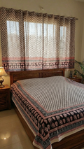 Handmade Bagh black tree block print in traditional offwhite  double bedsheet with pillow cover  and curtains  in bedroom