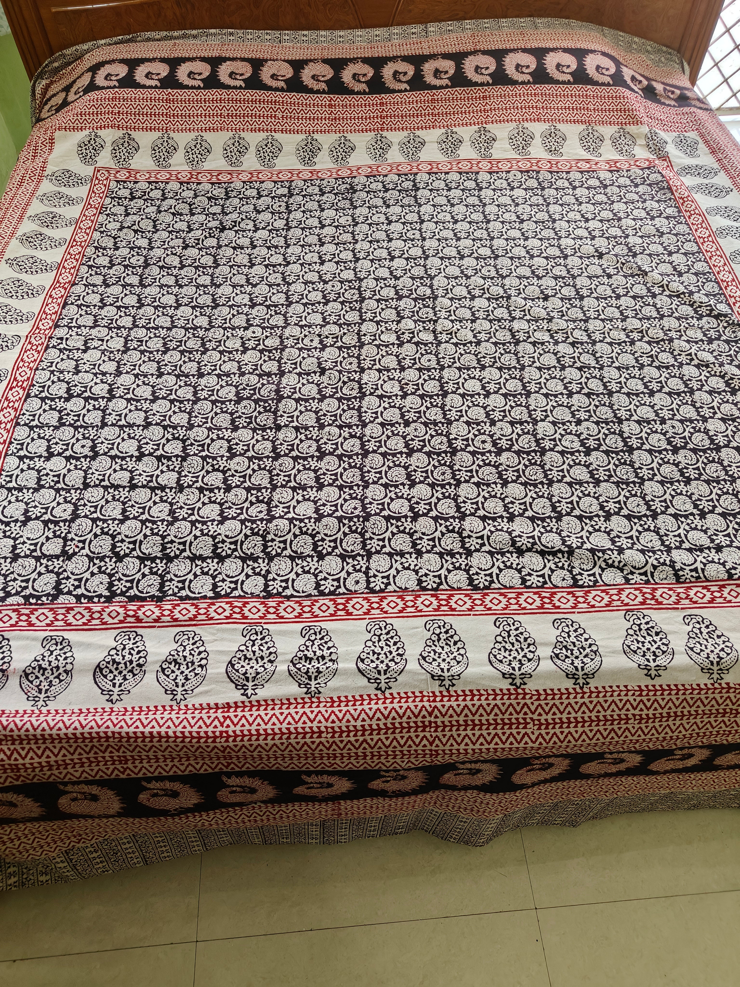 Set of handmade Bagh block print in traditional black,offwhite and madder red  creeper flower patterns with peacock shape bold border bedsheet with pillow cover