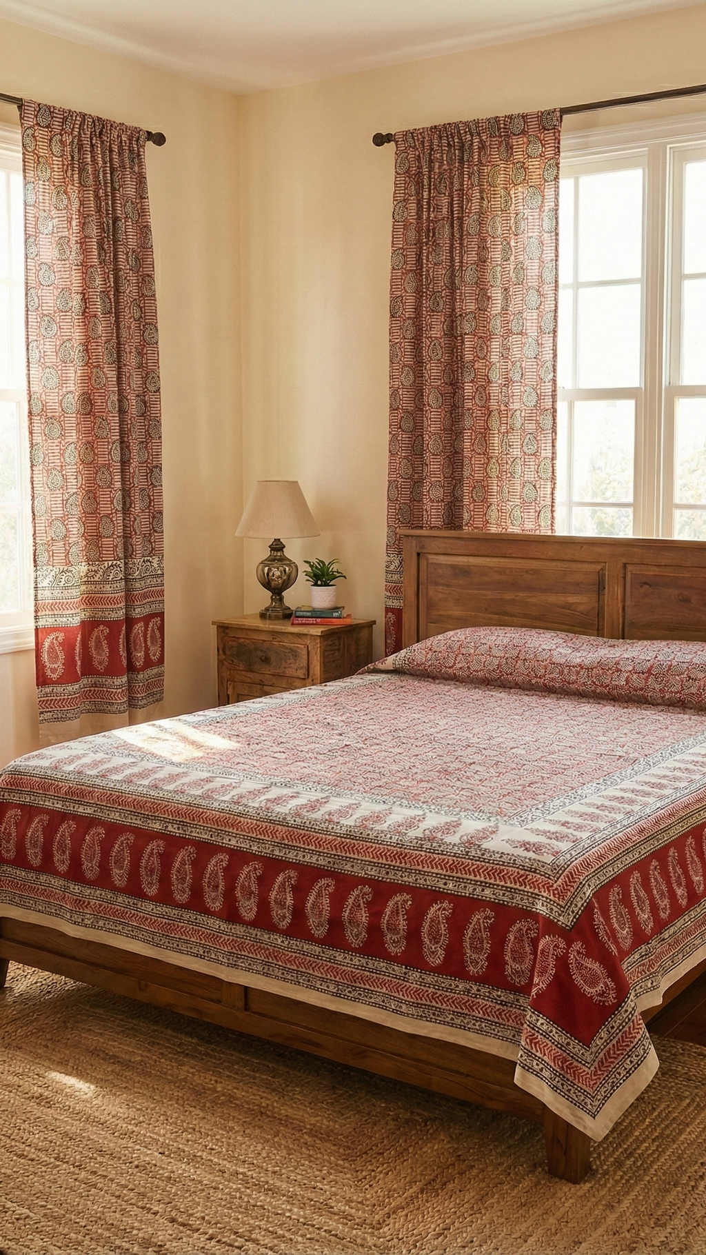 Handmade Bagh block print in traditional offwhite with geometric block madder red pattern double bedsheet ,pillow cover , curtain combo