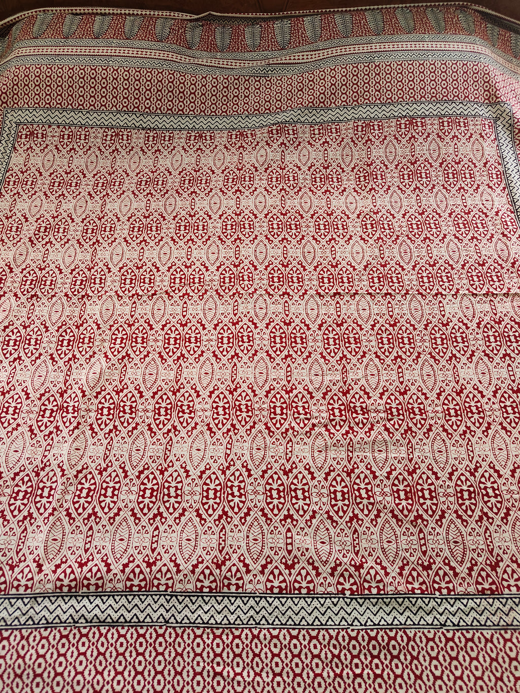 Handmade Bagh block print in traditional offwhite with geometric block madder red pattern double bedsheet ,pillow cover , curtain combo