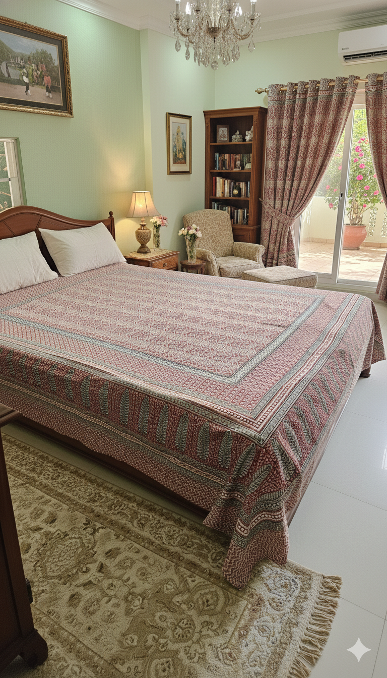 Neatly made bed with a patterned bedsheet in a well-furnished bedroom. Handmade Bagh block print in traditional offwhite with geometric block madder red pattern double bedsheet ,pillow cover , curtain combo