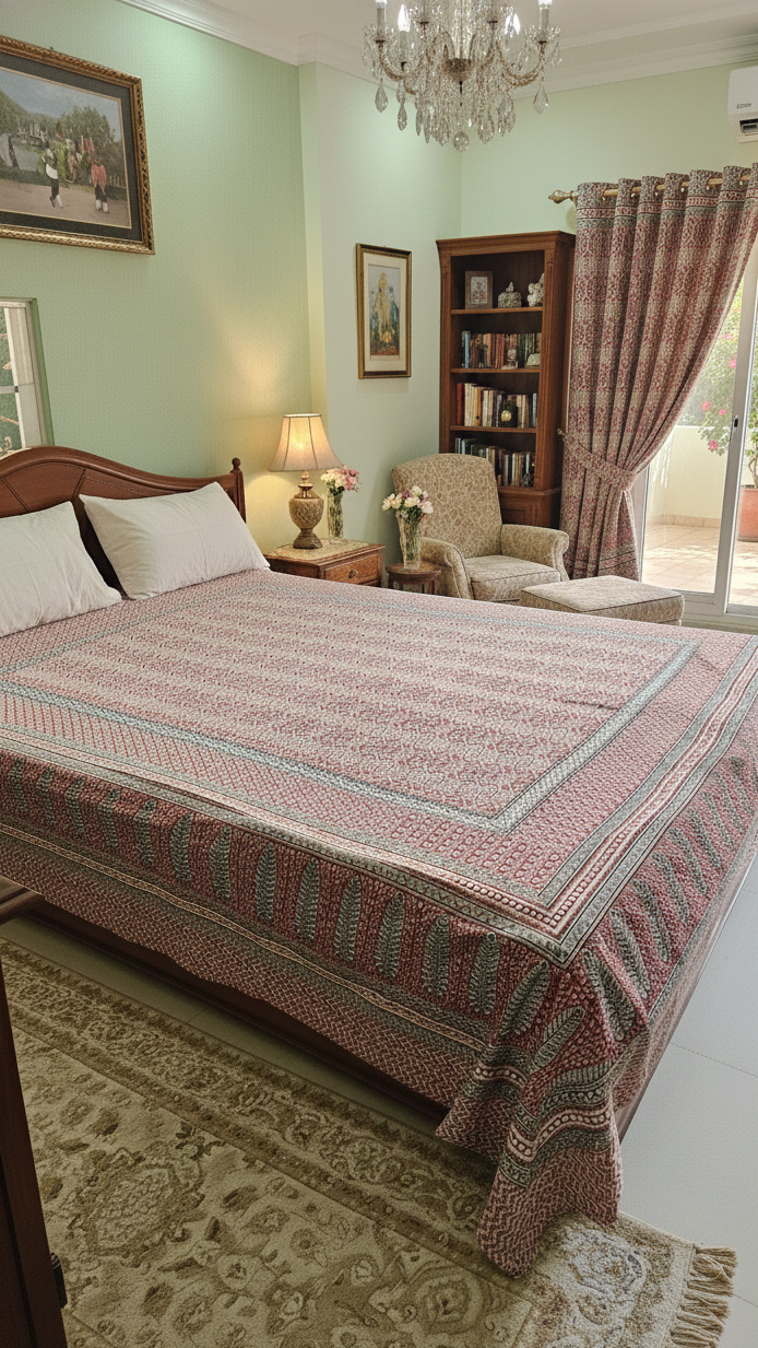 Handmade Bagh block print in traditional offwhite with geometric block madder red pattern double bedsheet ,pillow cover , curtain combo