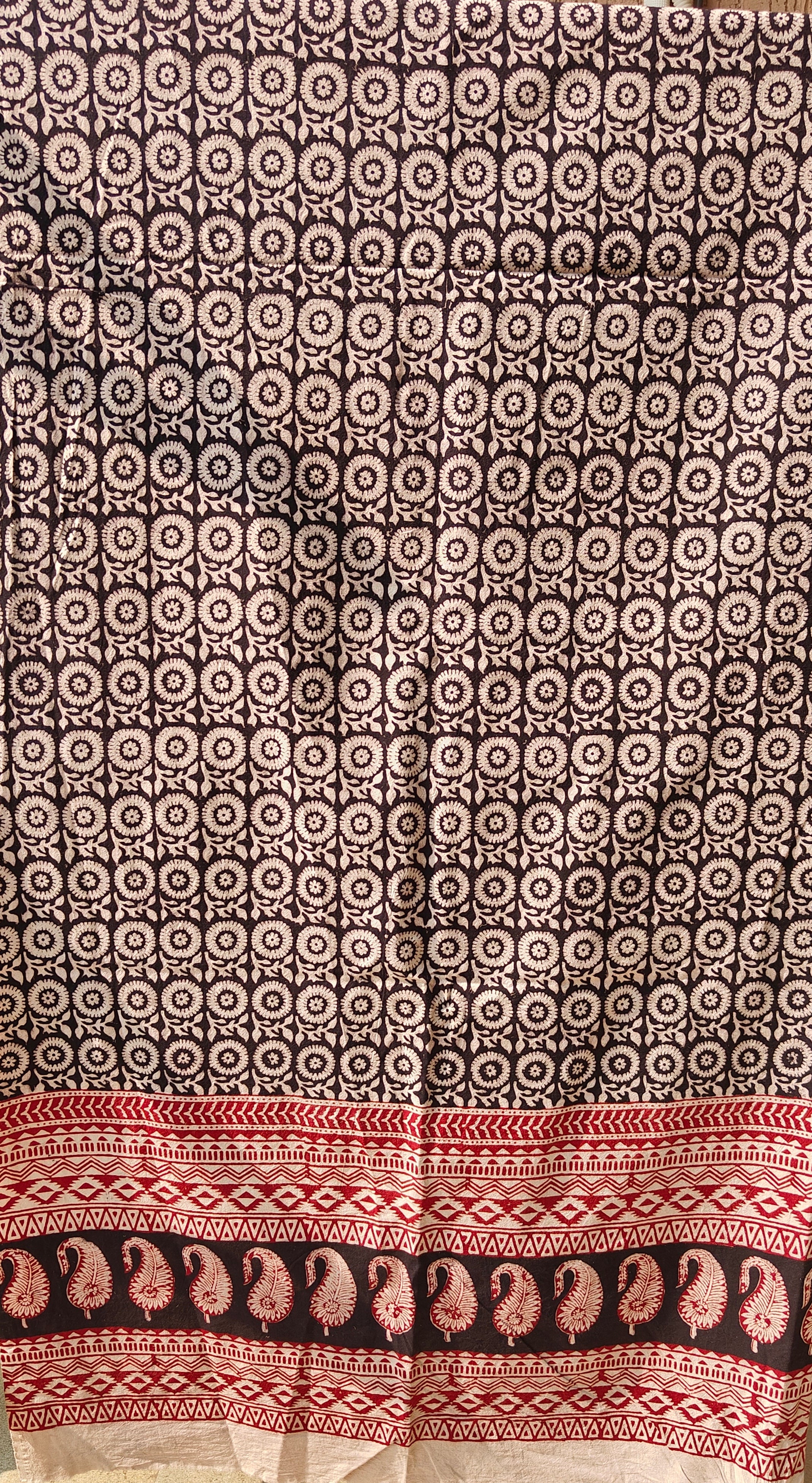 Handmade Bagh block print in traditional offwhite with circular geometric block black pattern  curtain c
