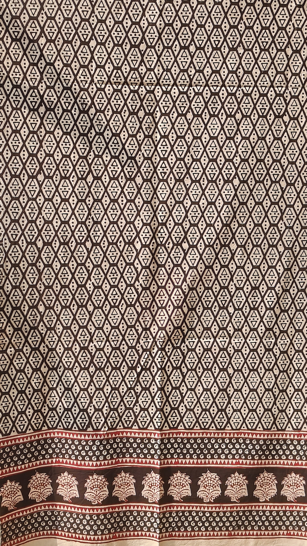 Handmade Bagh block print in traditional offwhite with geometric block madder red pattern curtain combo