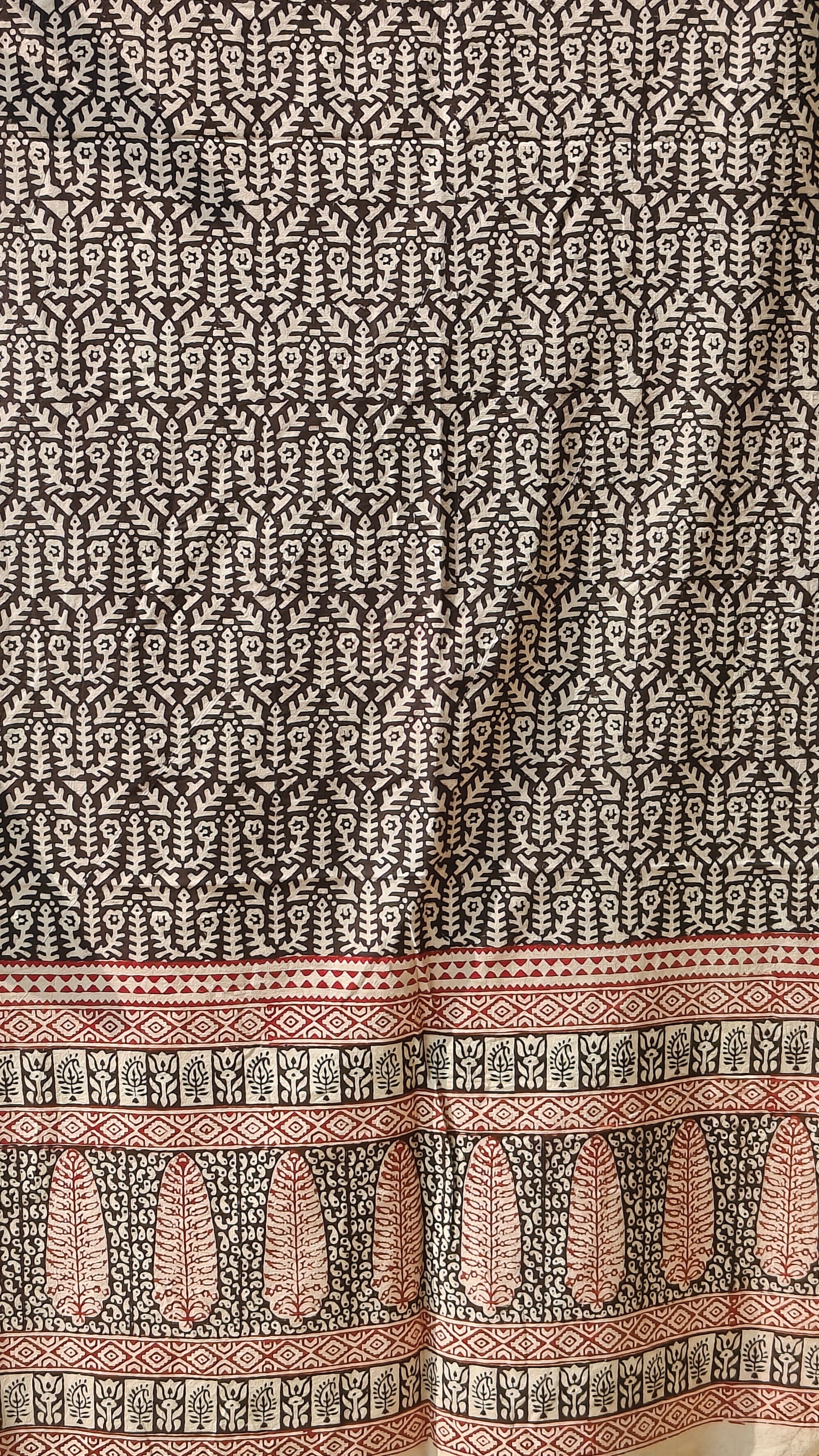 Handmade Bagh block print in traditional offwhite with small leaf block black pattern curtain combo