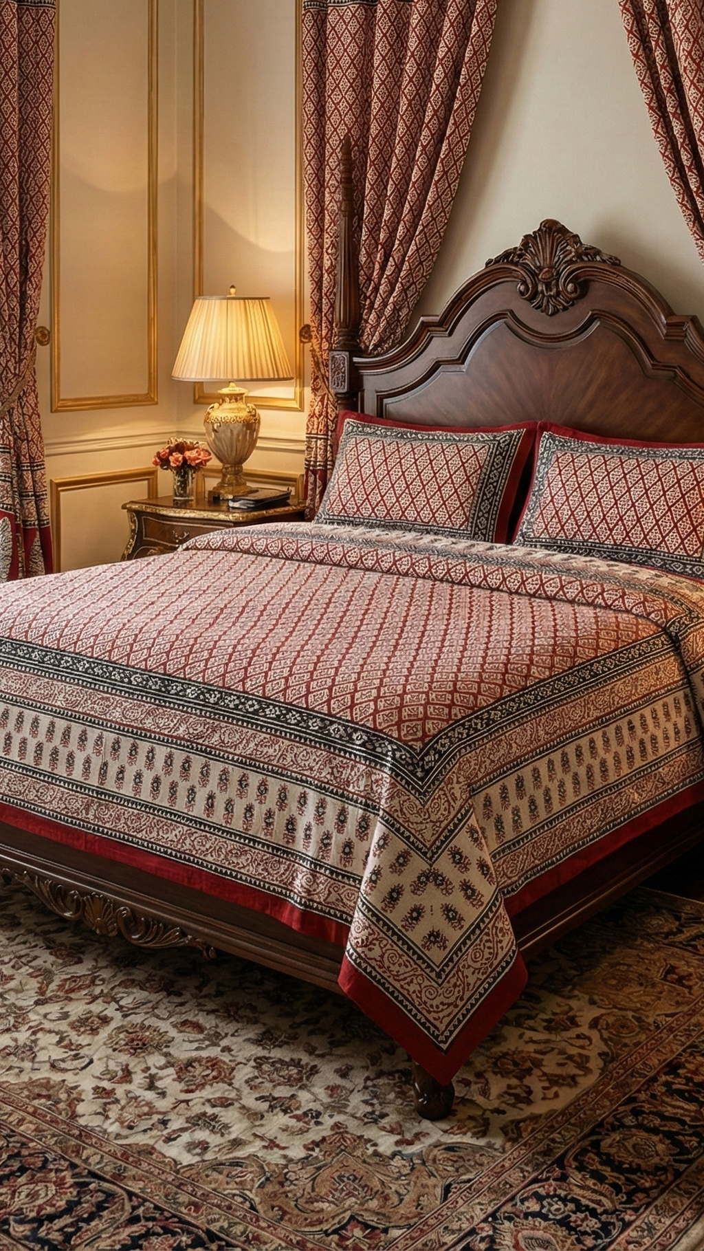 Handmade Bagh block print in traditional offwhite with geometric block madder red pattern curtain with bedsheet combo