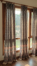 Set of handmade Bagh block print in traditional black,offwhite and madder red  small leaf  patterns with big leaf shape bold border three curtains.
