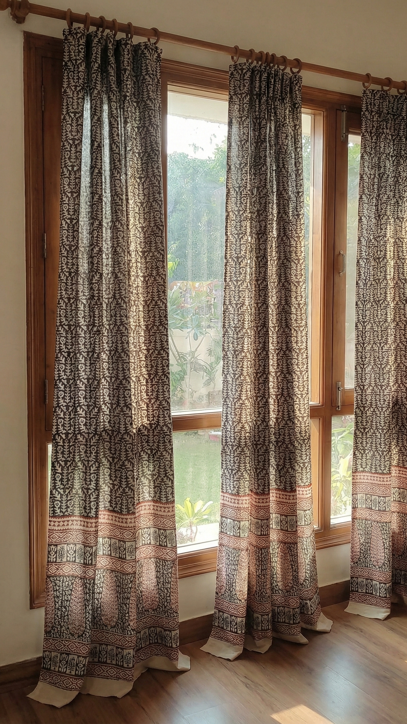 Set of handmade Bagh block print in traditional black,offwhite and madder red  small leaf  patterns with big leaf shape bold border three curtains.
