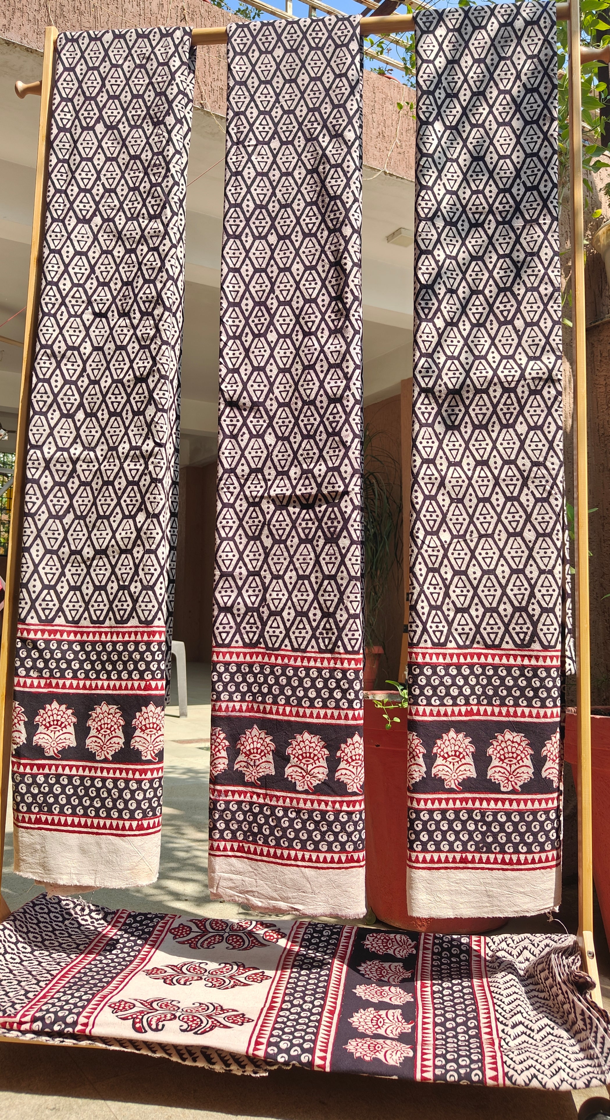 Set of handmade Bagh block print in traditional Black,offwhite and madder red geometric patterns three curtains.