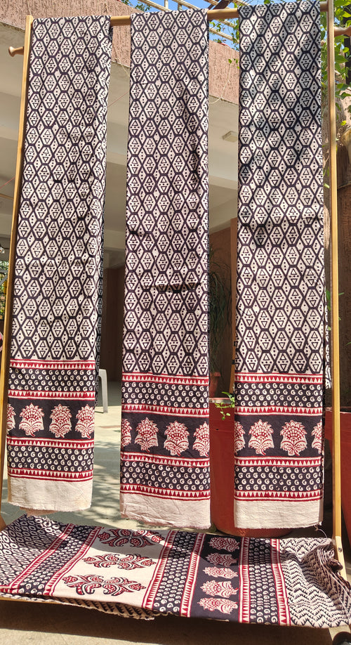Set of handmade Bagh block print in traditional Black,offwhite and madder red geometric patterns three curtains.