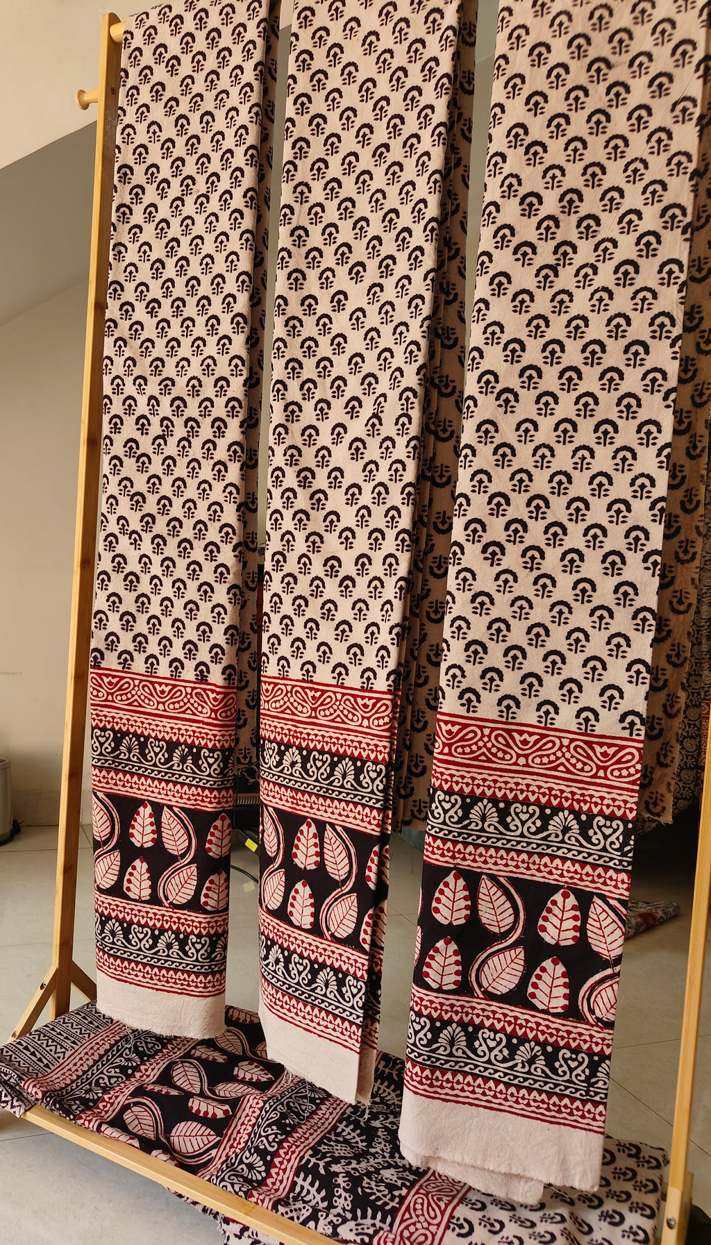 Set of handmade Bagh block print in traditional offwhite with black tree block and madder red pattern with big leaf bold border three curtains.